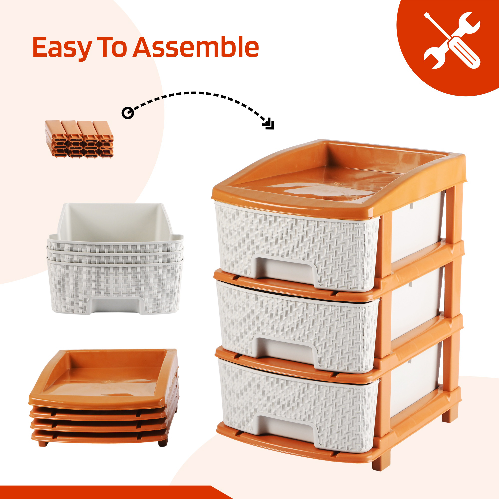 Kuber Industries Multi-Purpose 3-Layer Plastic Drawer Storage Organiser  Durable  Modular Kitchen  Toy Organizer For Kids Room Office  Home  White  Golden