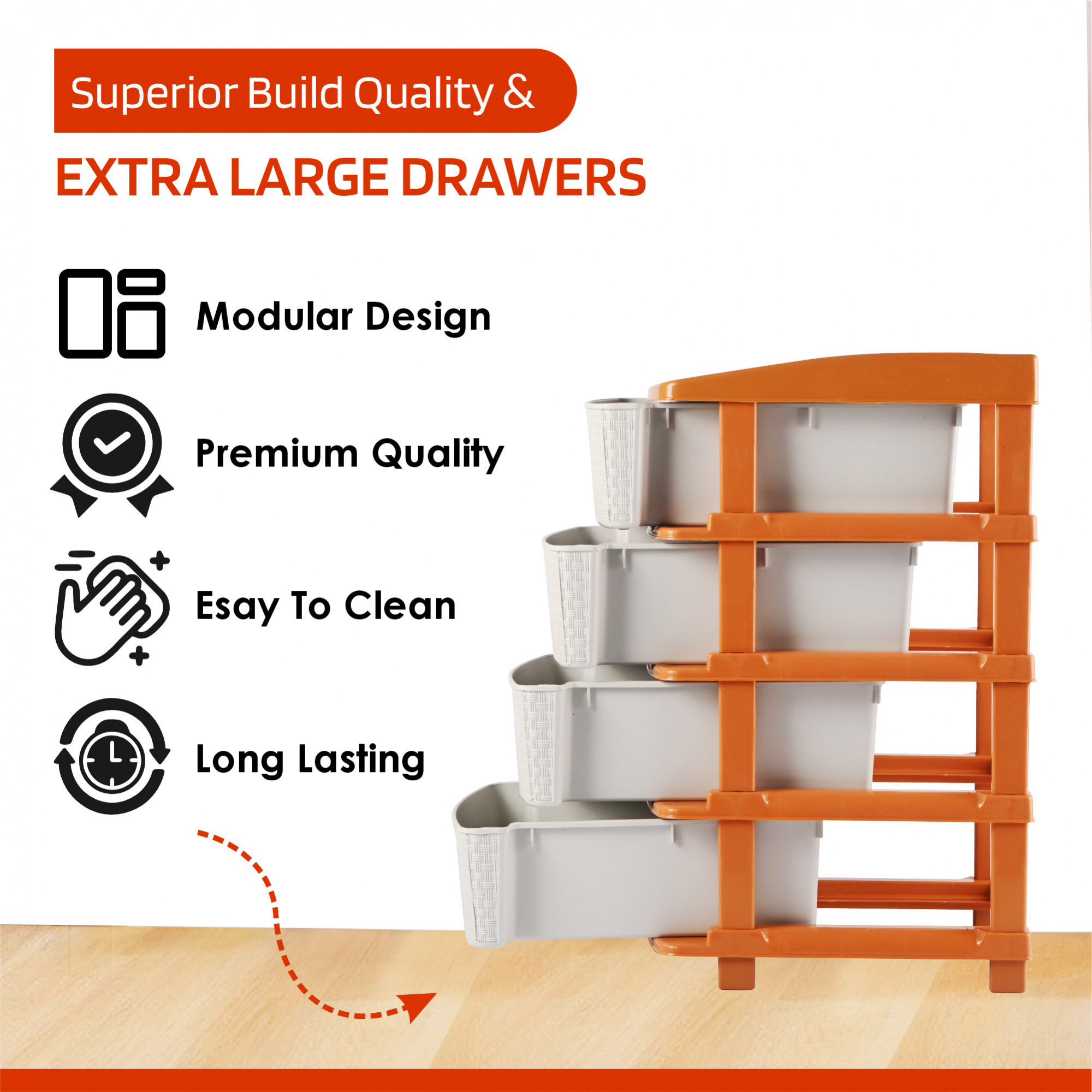 Kuber Industries Multi-Purpose 4-Layer Plastic Drawer Storage Organiser  Durable  Modular Kitchen  Toy Organizer For Kids Room Office  Home  White  Golden