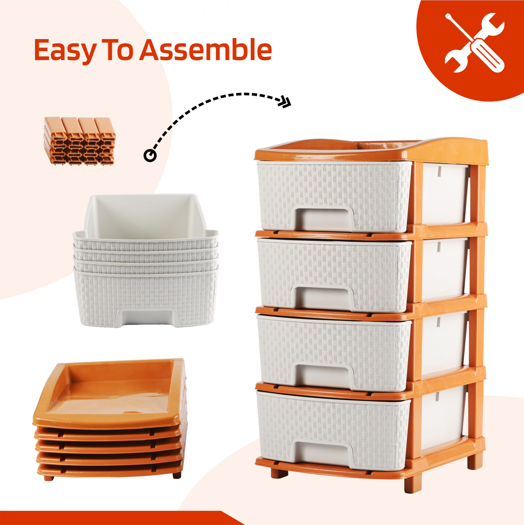 Kuber Industries Multi-Purpose 4-Layer Plastic Drawer Storage Organiser  Durable  Modular Kitchen  Toy Organizer For Kids Room Office  Home  White  Golden