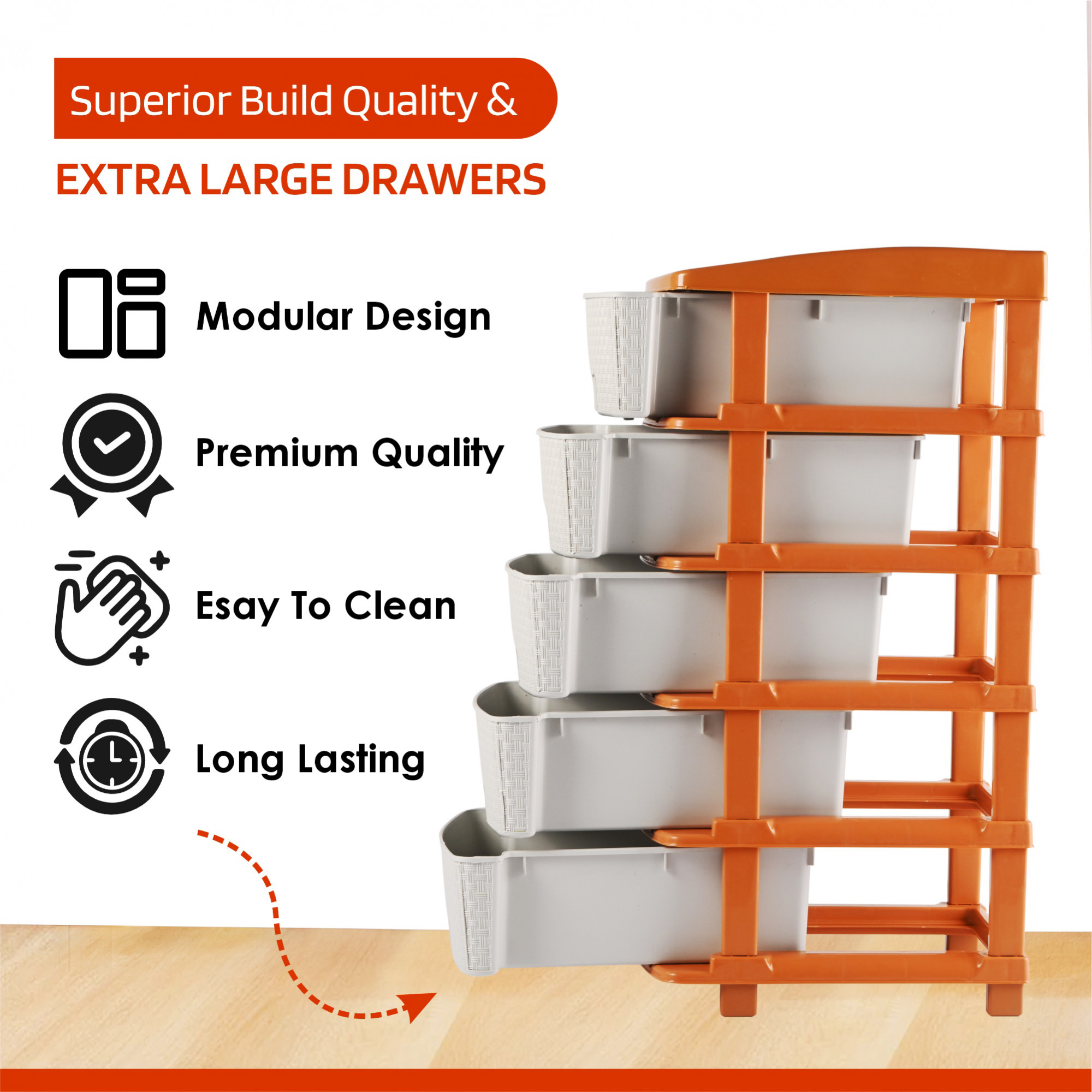Kuber Industries Multi-Purpose 5-Layer Plastic Drawer Storage Organiser  Durable  Modular Kitchen  Toy Organizer For Kids Room Office  Home  White  Golden