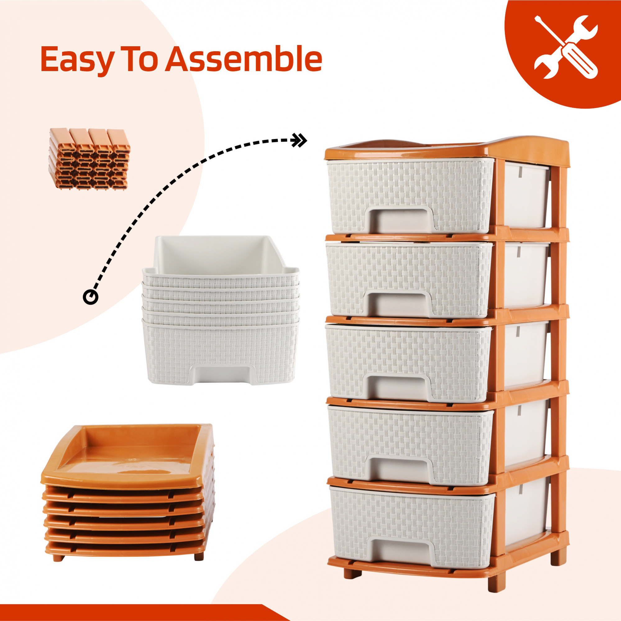 Kuber Industries Multi-Purpose 5-Layer Plastic Drawer Storage Organiser  Durable  Modular Kitchen  Toy Organizer For Kids Room Office  Home  White  Golden