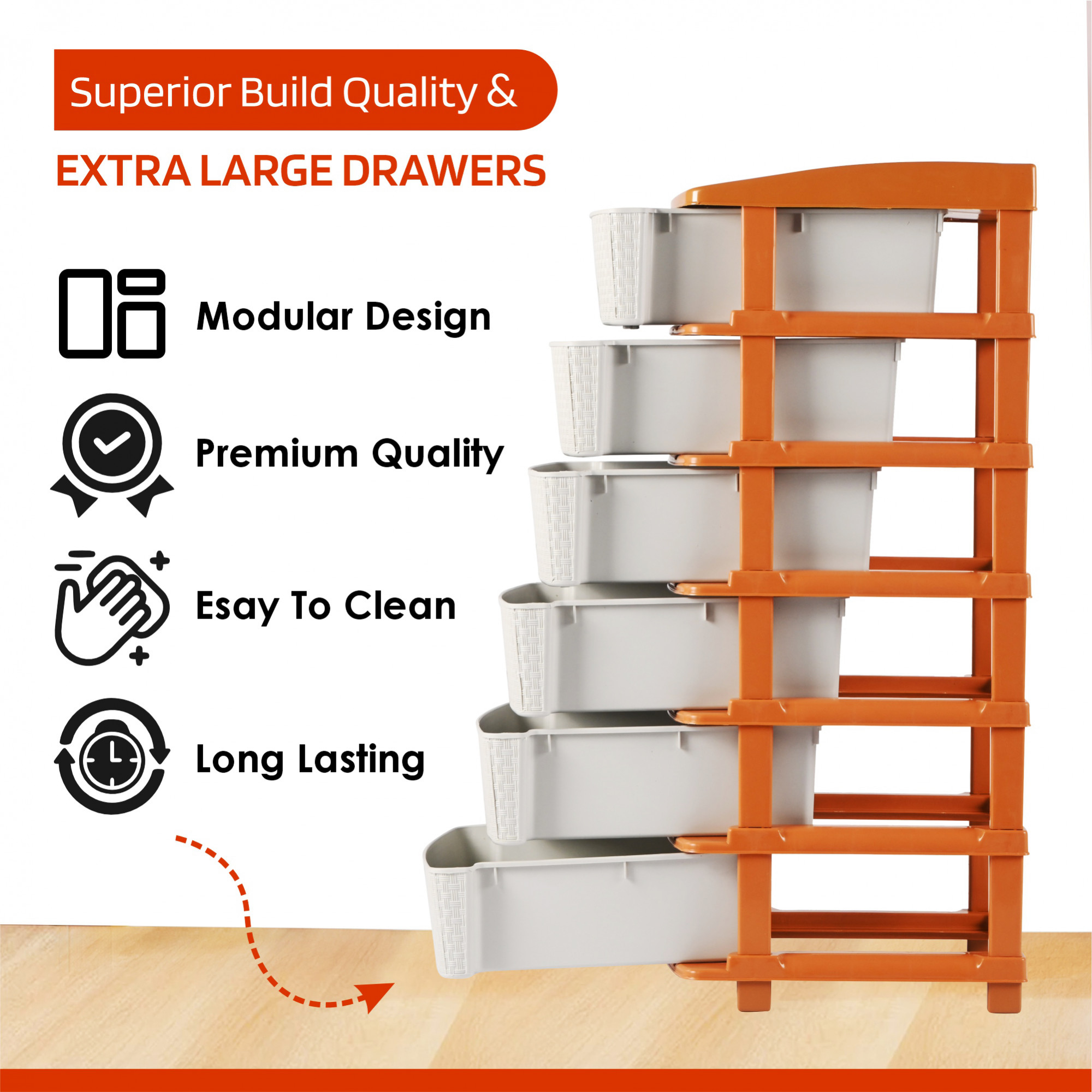 Kuber Industries Multi-Purpose 6-Layer Plastic Drawer Storage Organiser  Durable  Modular Kitchen  Toy Organizer For Kids Room Office  Home  White  Golden
