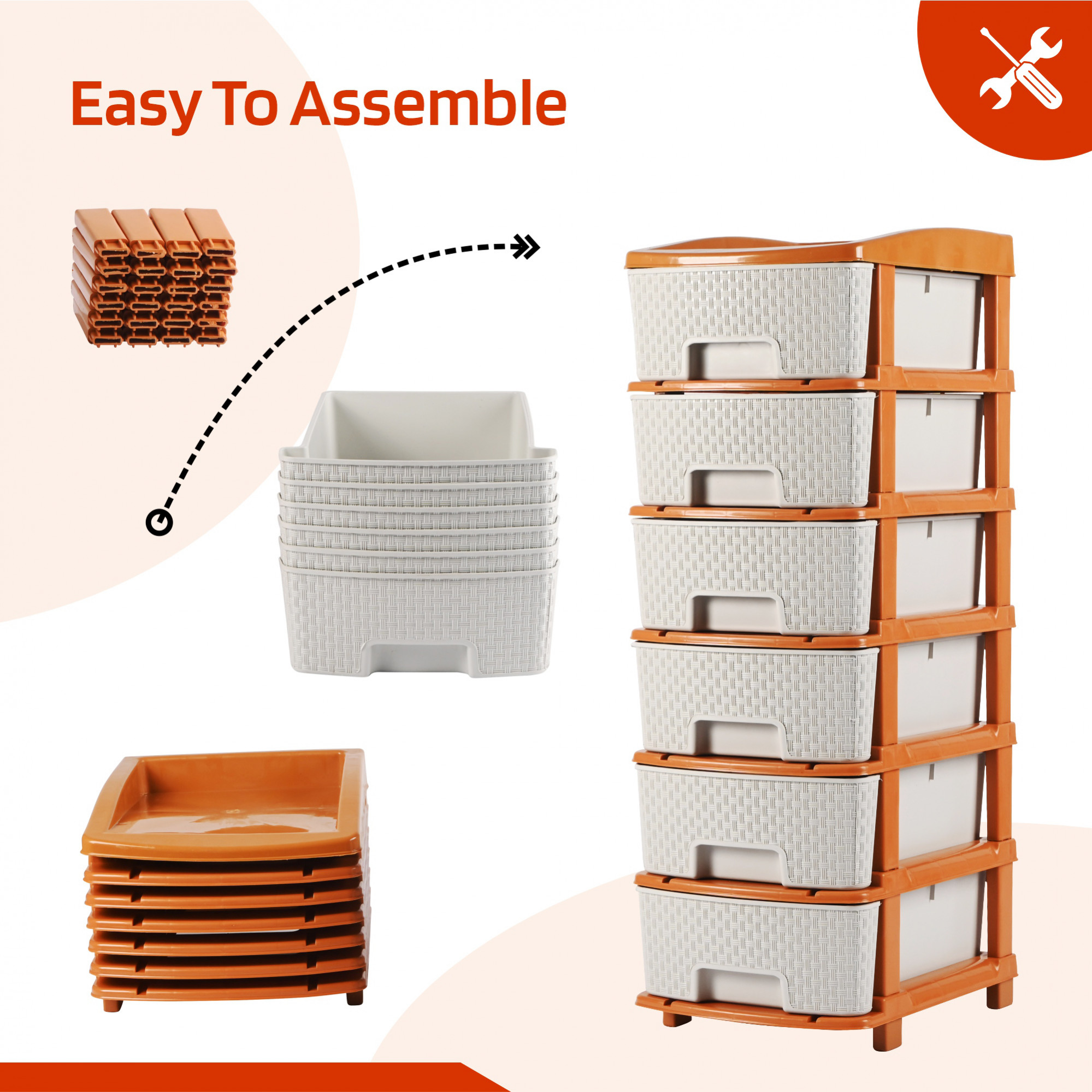 Kuber Industries Multi-Purpose 6-Layer Plastic Drawer Storage Organiser  Durable  Modular Kitchen  Toy Organizer For Kids Room Office  Home  White  Golden