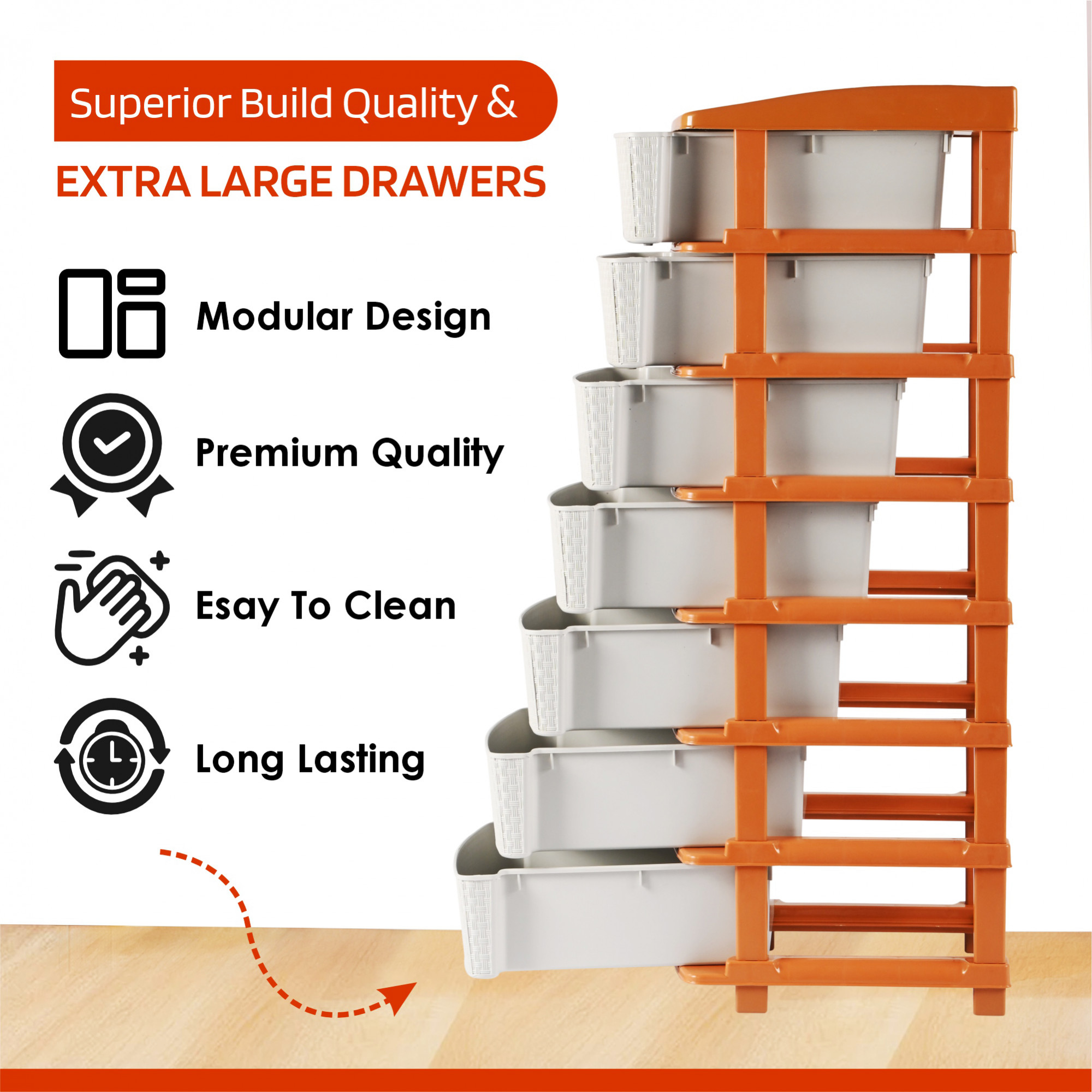 Kuber Industries Multi-Purpose 7-Layer Plastic Drawer Storage Organiser  Durable  Modular Kitchen  Toy Organizer For Kids Room Office  Home  White  Golden