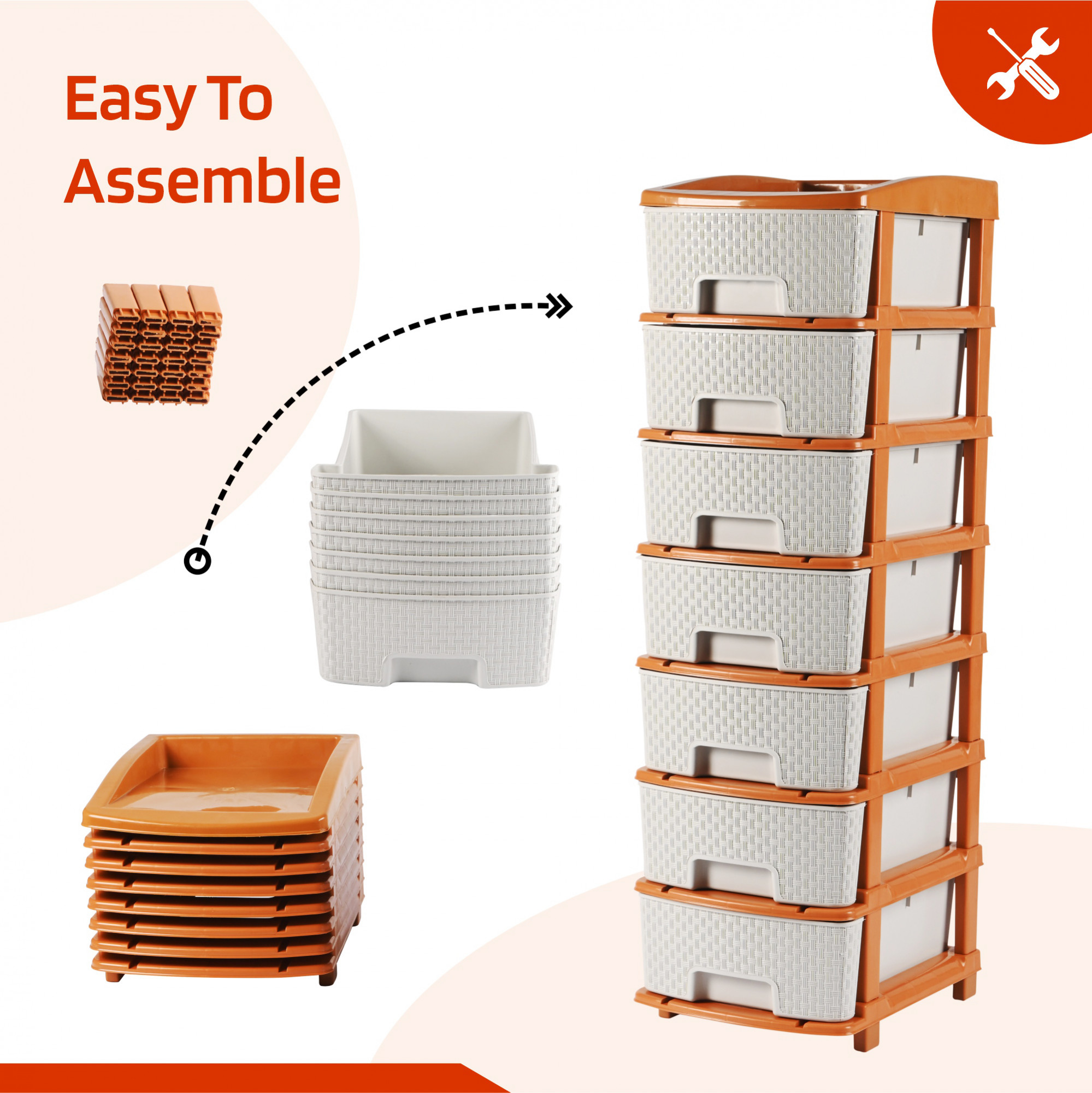 Kuber Industries Multi-Purpose 7-Layer Plastic Drawer Storage Organiser  Durable  Modular Kitchen  Toy Organizer For Kids Room Office  Home  White  Golden