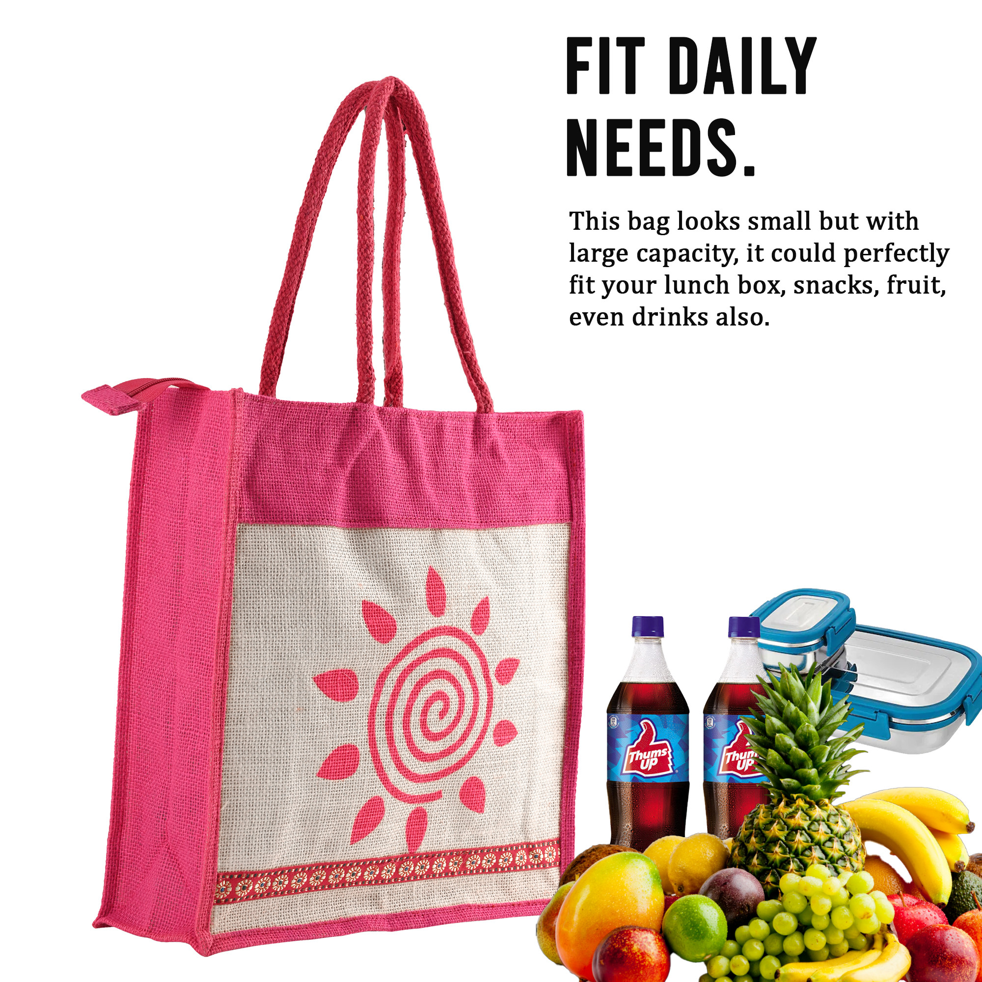 Kuber Industries Multi-purpose Jute Lunch Bags For Office MenWomen  Reusable Grocery Bag with Zip  Handle  Carry bag For Office Employees  Spiral - Pink  White