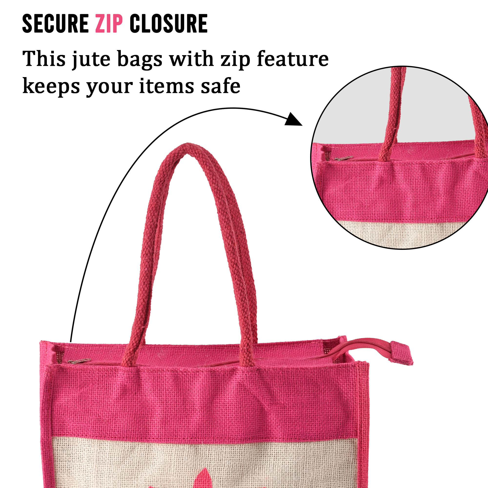 Kuber Industries Multi-purpose Jute Lunch Bags For Office MenWomen  Reusable Grocery Bag with Zip  Handle  Carry bag For Office Employees  Spiral - Pink  White