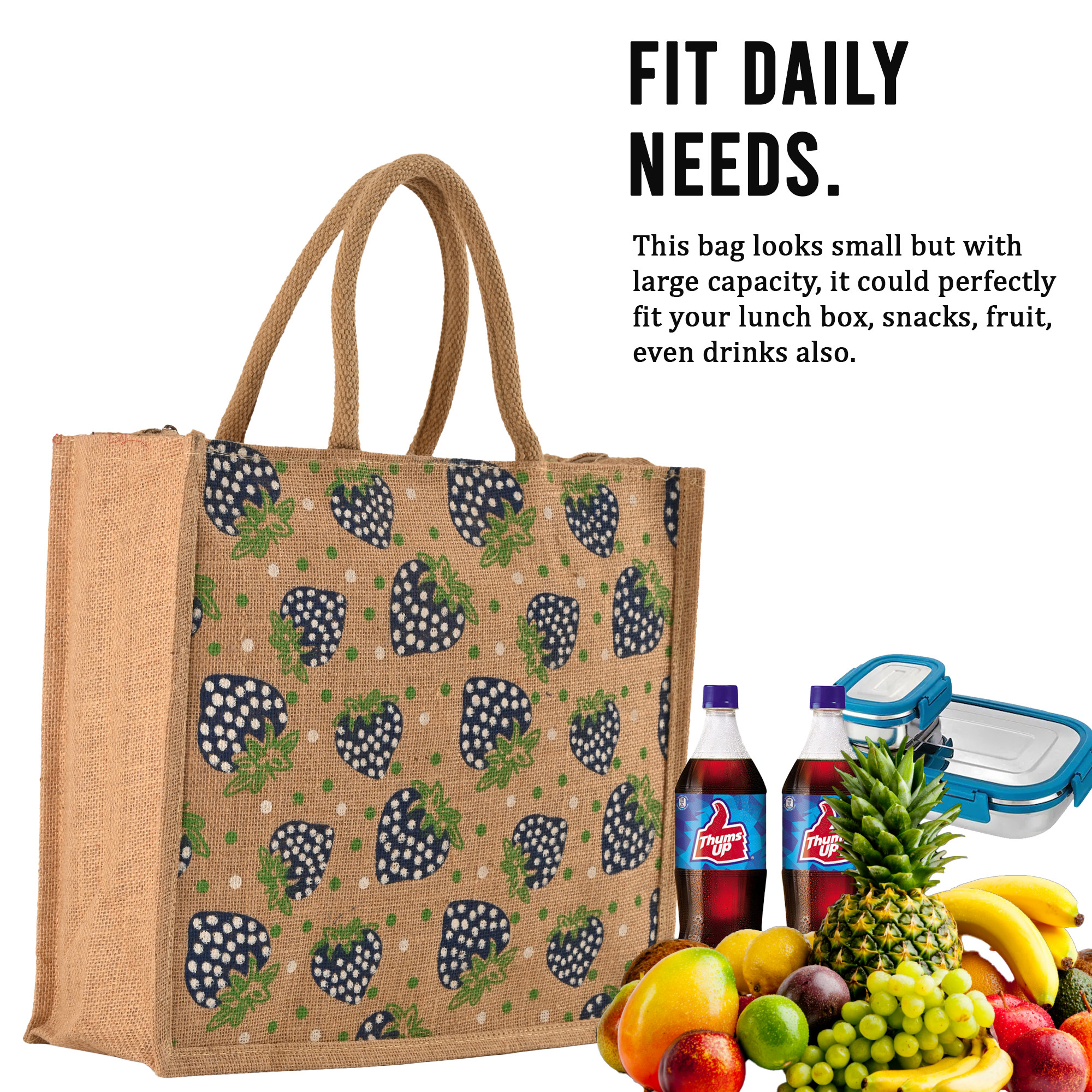 Kuber Industries Multi-purpose Jute Lunch Bags For Office MenWomen  Reusable Grocery Bag with Zip  Handle  Carry bag For Office Employees  Strawberry Print - Blue  Brown