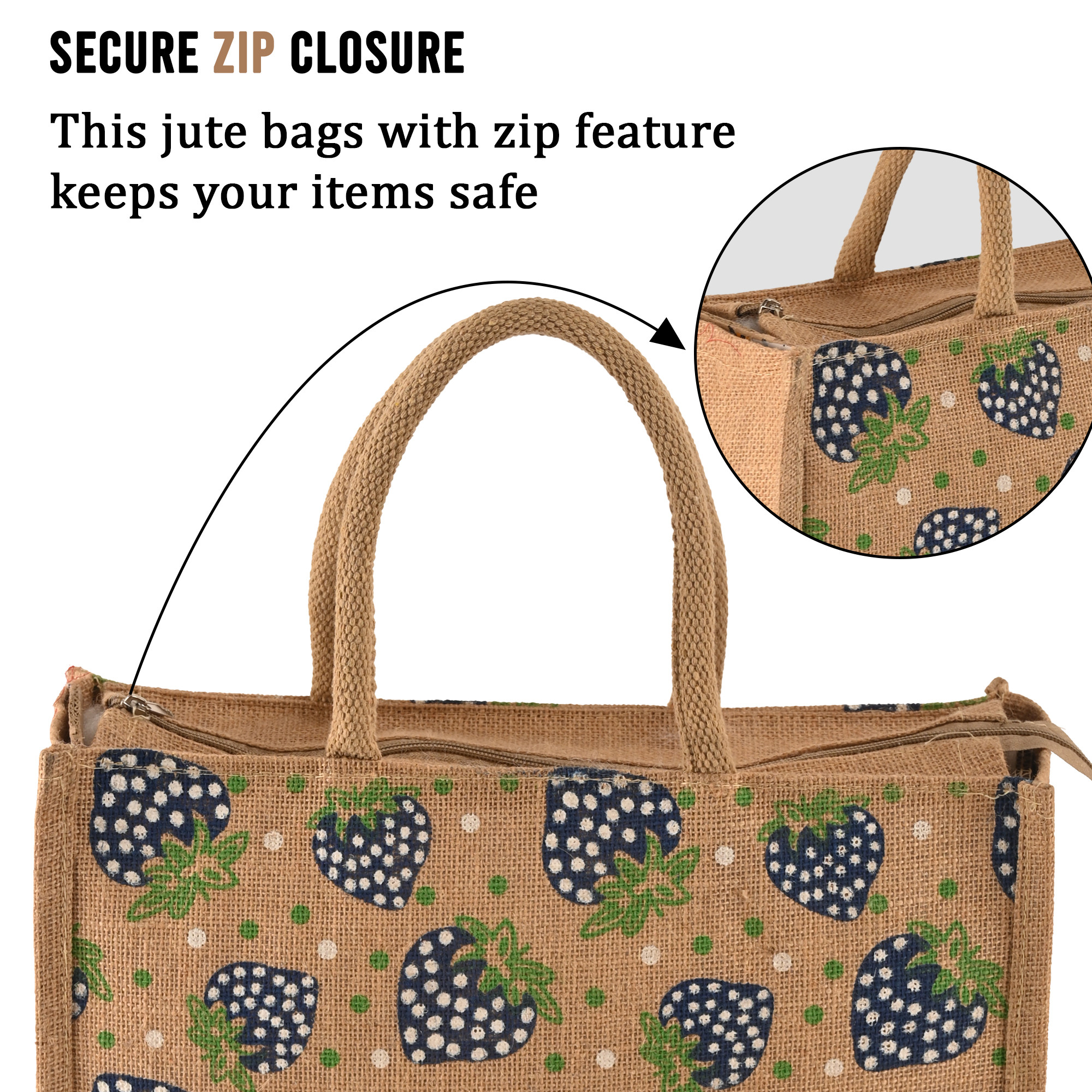Kuber Industries Multi-purpose Jute Lunch Bags For Office MenWomen  Reusable Grocery Bag with Zip  Handle  Carry bag For Office Employees  Strawberry Print - Blue  Brown
