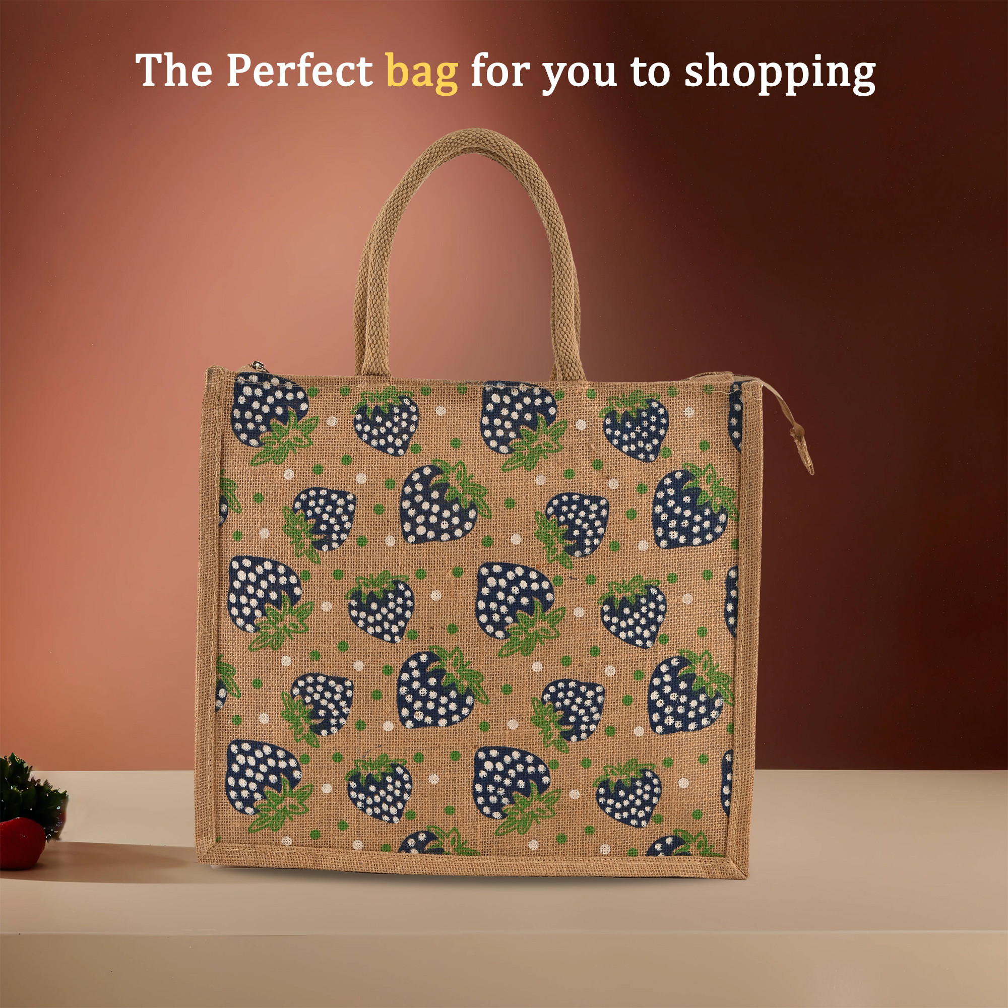 Kuber Industries Multi-purpose Jute Lunch Bags For Office MenWomen  Reusable Grocery Bag with Zip  Handle  Carry bag For Office Employees  Strawberry Print - Blue  Brown