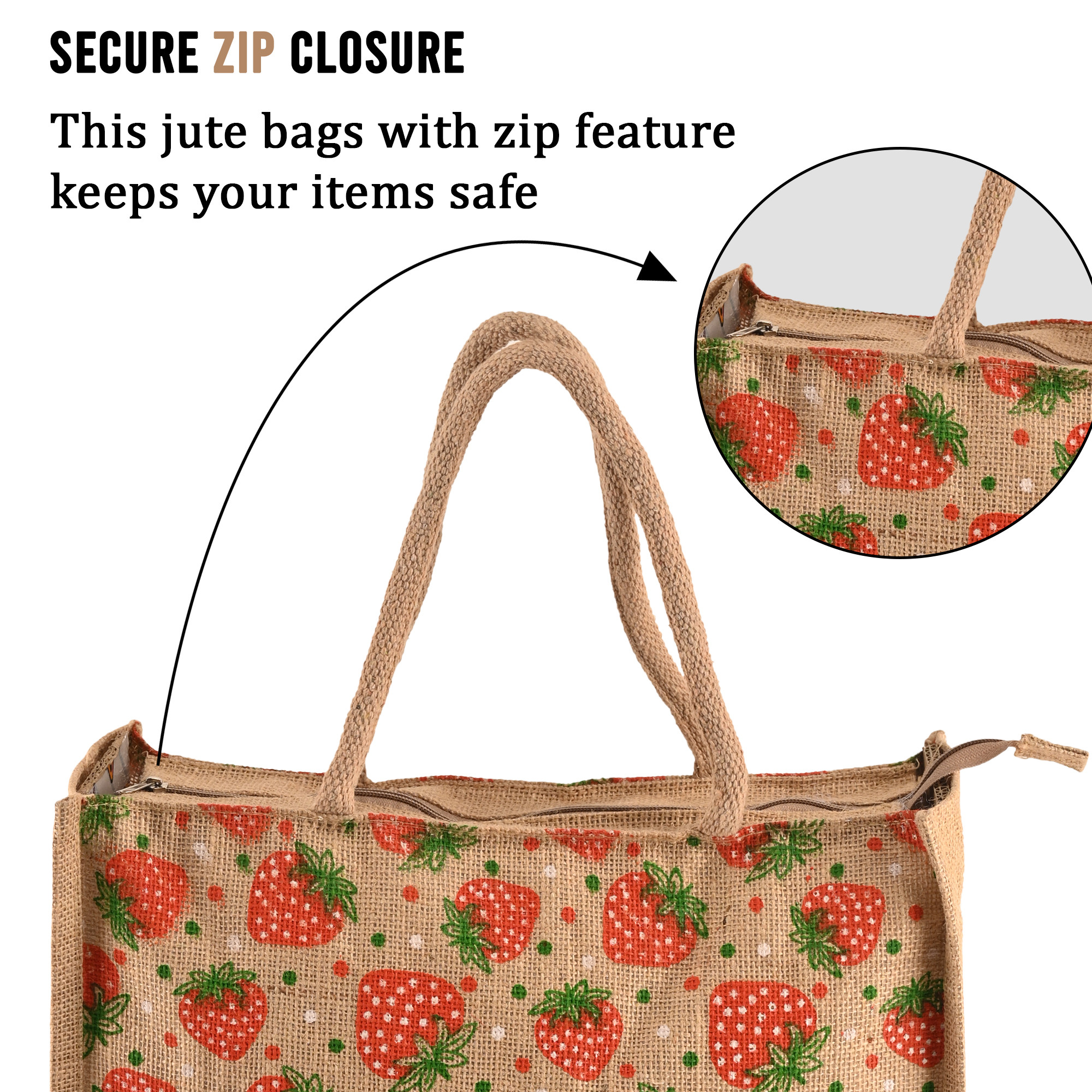 Kuber Industries Multi-purpose Jute Lunch Bags For Office MenWomen  Reusable Grocery Bag with Zip  Handle  Carry bag For Office Employees  Strawberry Print - Red  Brown