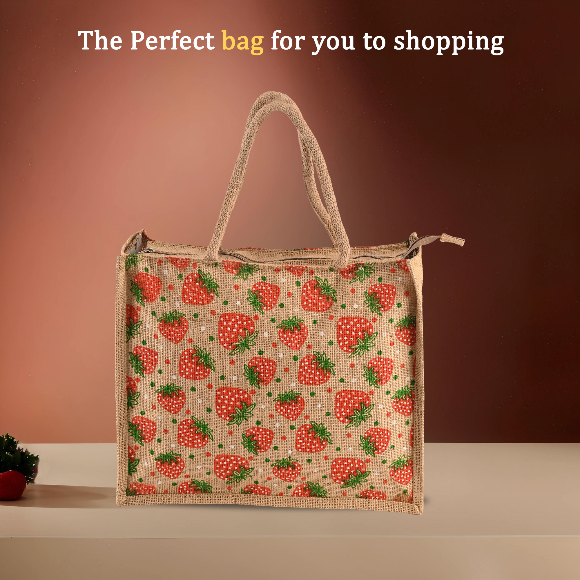 Kuber Industries Multi-purpose Jute Lunch Bags For Office MenWomen  Reusable Grocery Bag with Zip  Handle  Carry bag For Office Employees  Strawberry Print - Red  Brown