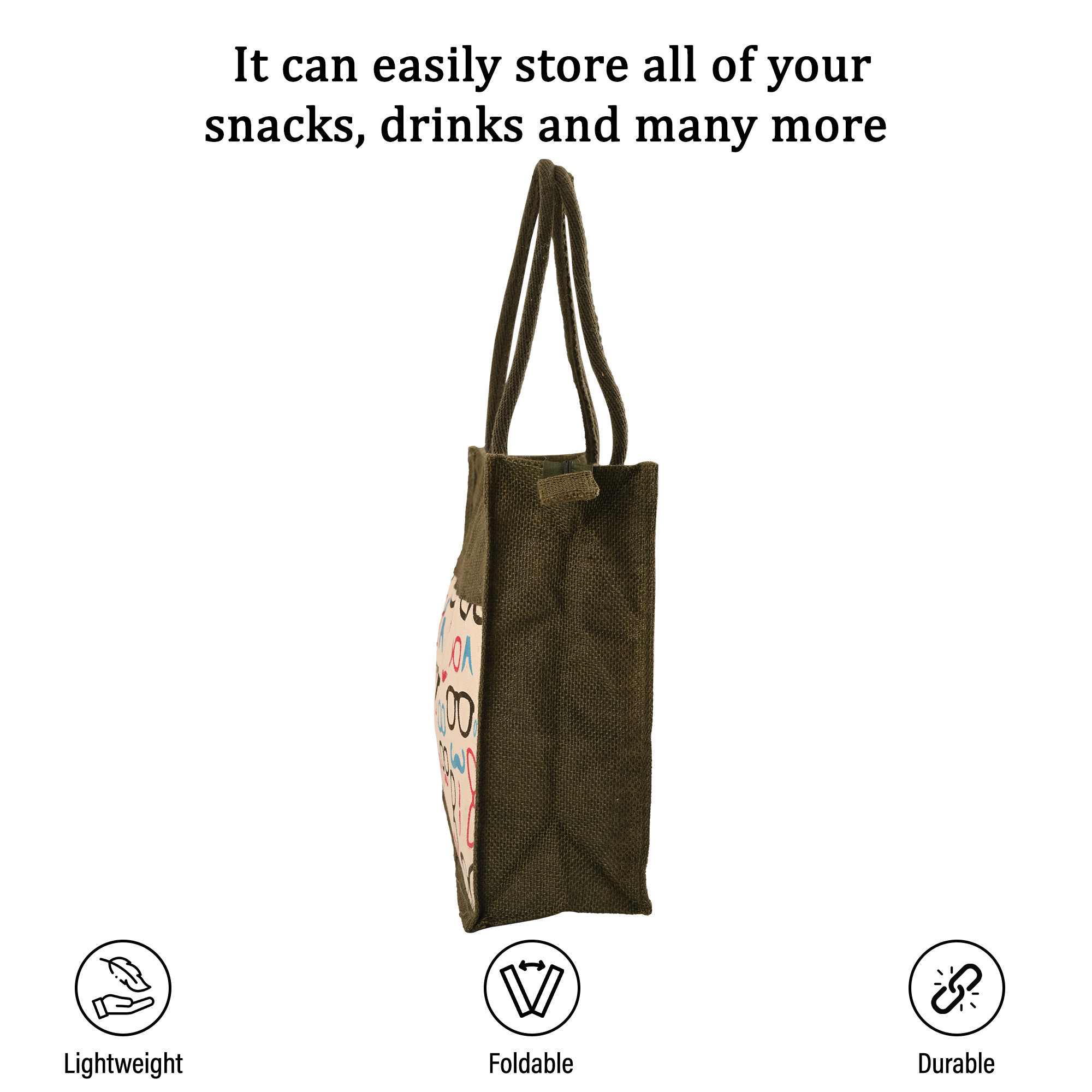 Kuber Industries Multi-purpose Jute Lunch Bags For Office MenWomen  Reusable Grocery Bag with Zip  Handle  Carry bag For Office Employees  Spectacles Print - Green