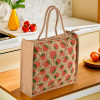 Multi-purpose Jute Lunch Bags For Office Men/Women | Reusable Grocery Bag with Zip &amp; Handle | Carry bag For Office Employees | Strawberry Print - Red &amp; Brown