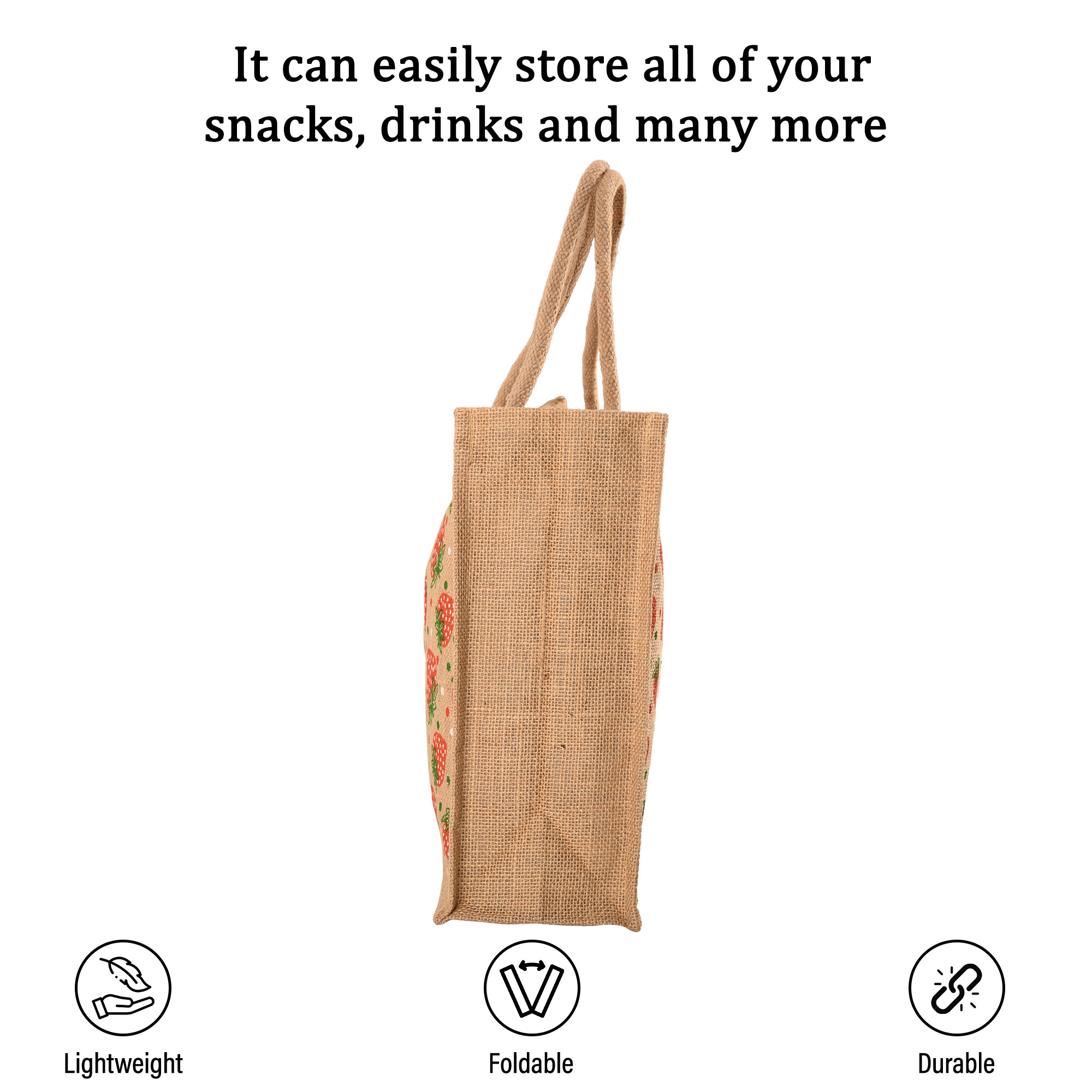 Kuber Industries Multi-purpose Jute Lunch Bags For Office MenWomen  Reusable Grocery Bag with Zip  Handle  Carry bag For Office Employees  Strawberry Print - Red  Brown