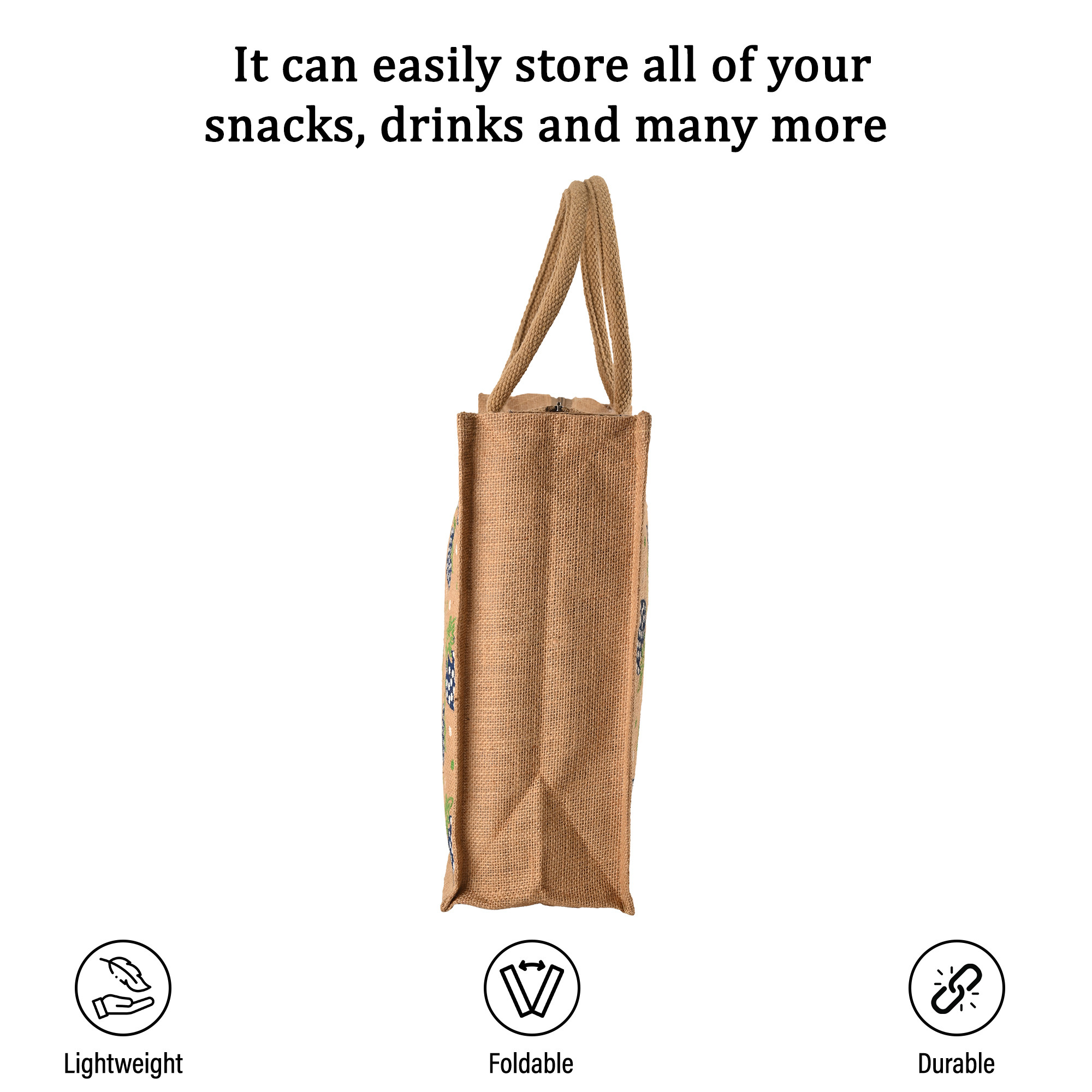 Kuber Industries Multi-purpose Jute Lunch Bags For Office MenWomen  Reusable Grocery Bag with Zip  Handle  Carry bag For Office Employees  Strawberry Print - Blue  Brown
