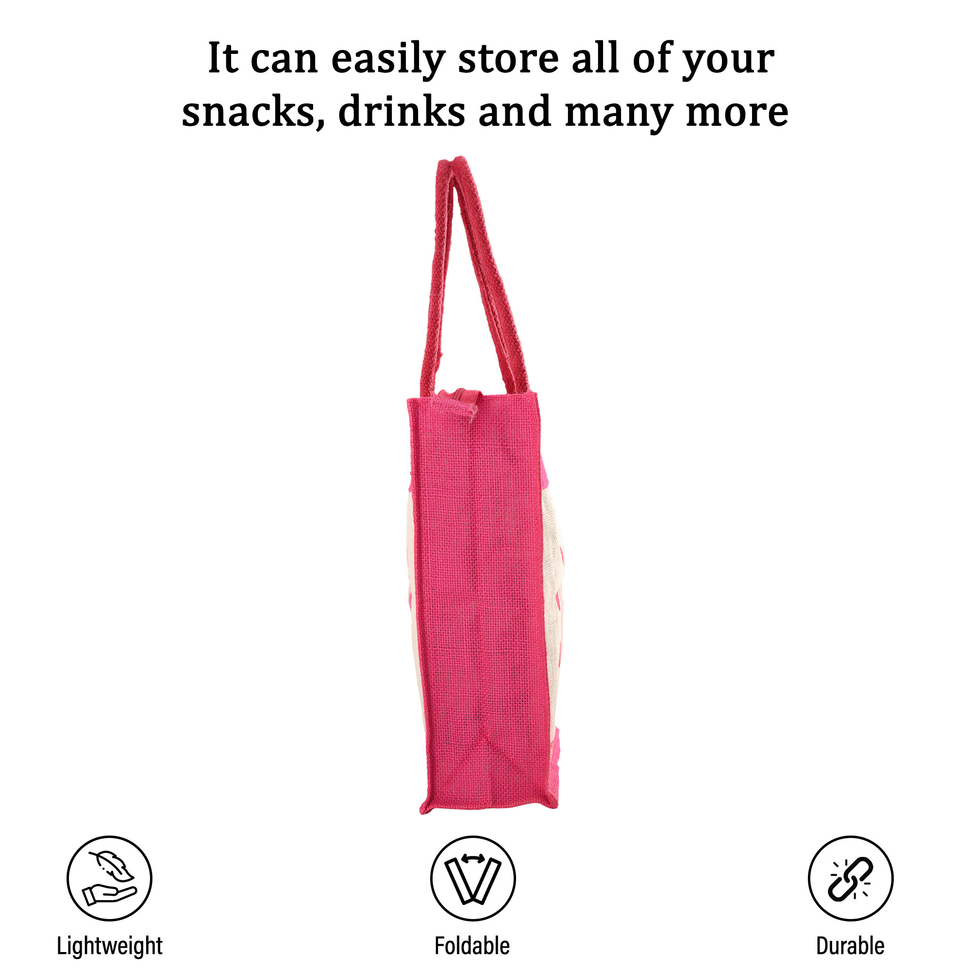 Kuber Industries Multi-purpose Jute Lunch Bags For Office MenWomen  Reusable Grocery Bag with Zip  Handle  Carry bag For Office Employees  Spiral - Pink  White