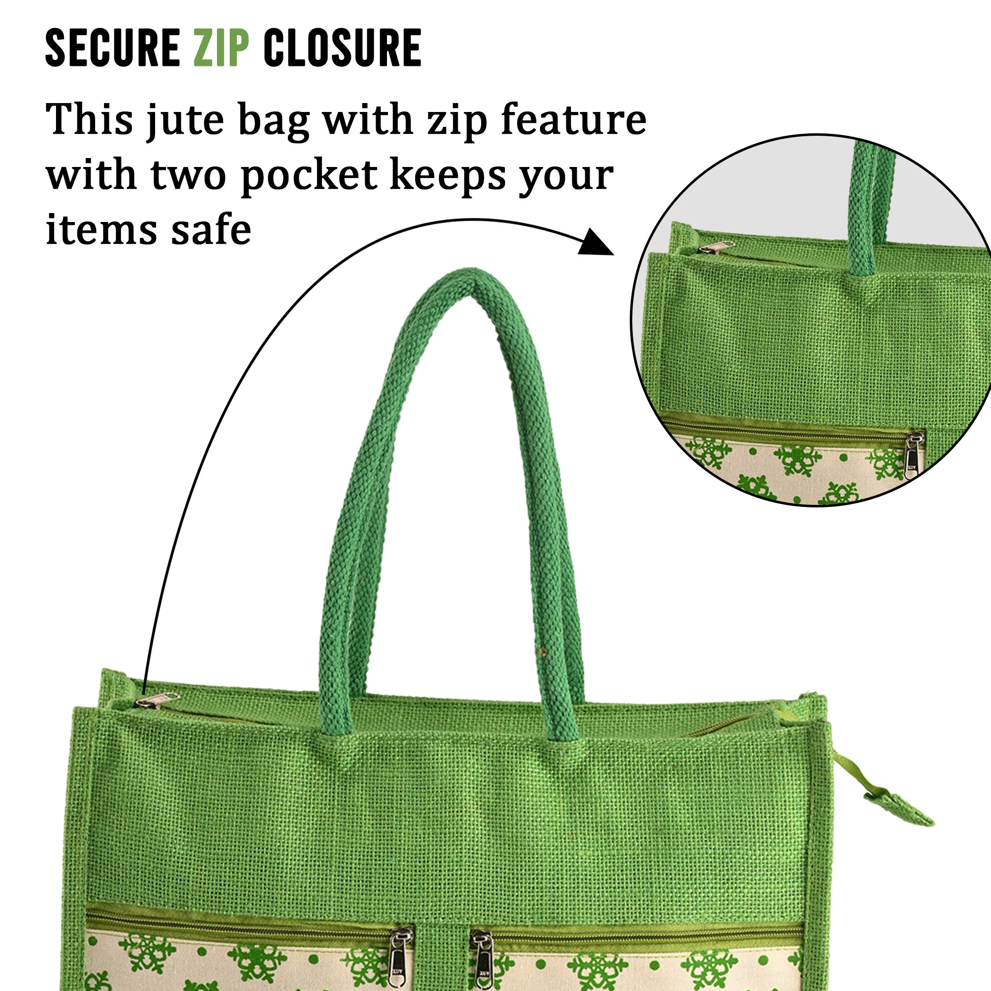 Kuber Industries Multi-purpose Jute Lunch Bags For Office MenWomen  Reusable Grocery Bag with Zip Compartments  Handle  Carry bag For Office Employees  Star Print - Green  White