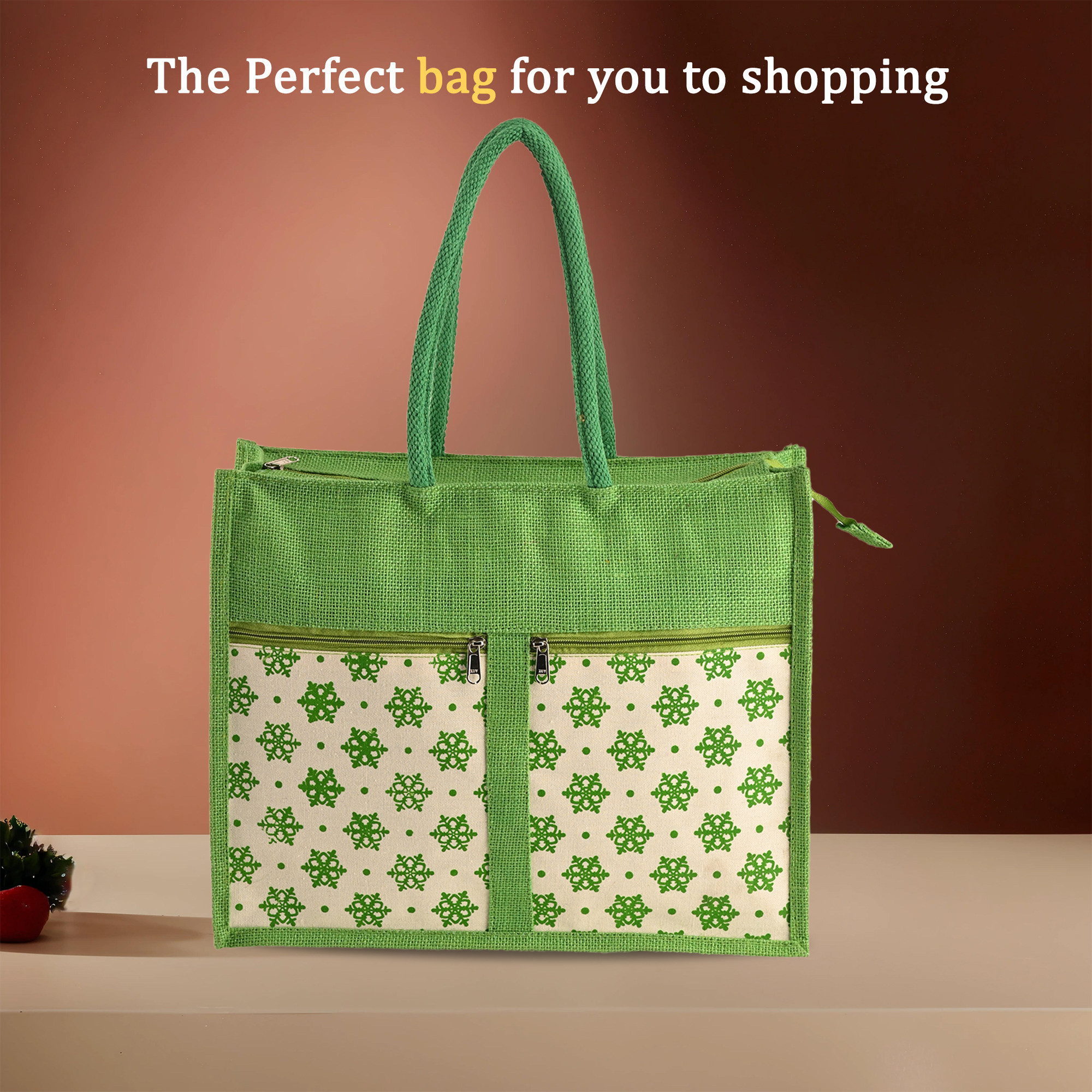 Kuber Industries Multi-purpose Jute Lunch Bags For Office MenWomen  Reusable Grocery Bag with Zip Compartments  Handle  Carry bag For Office Employees  Star Print - Green  White