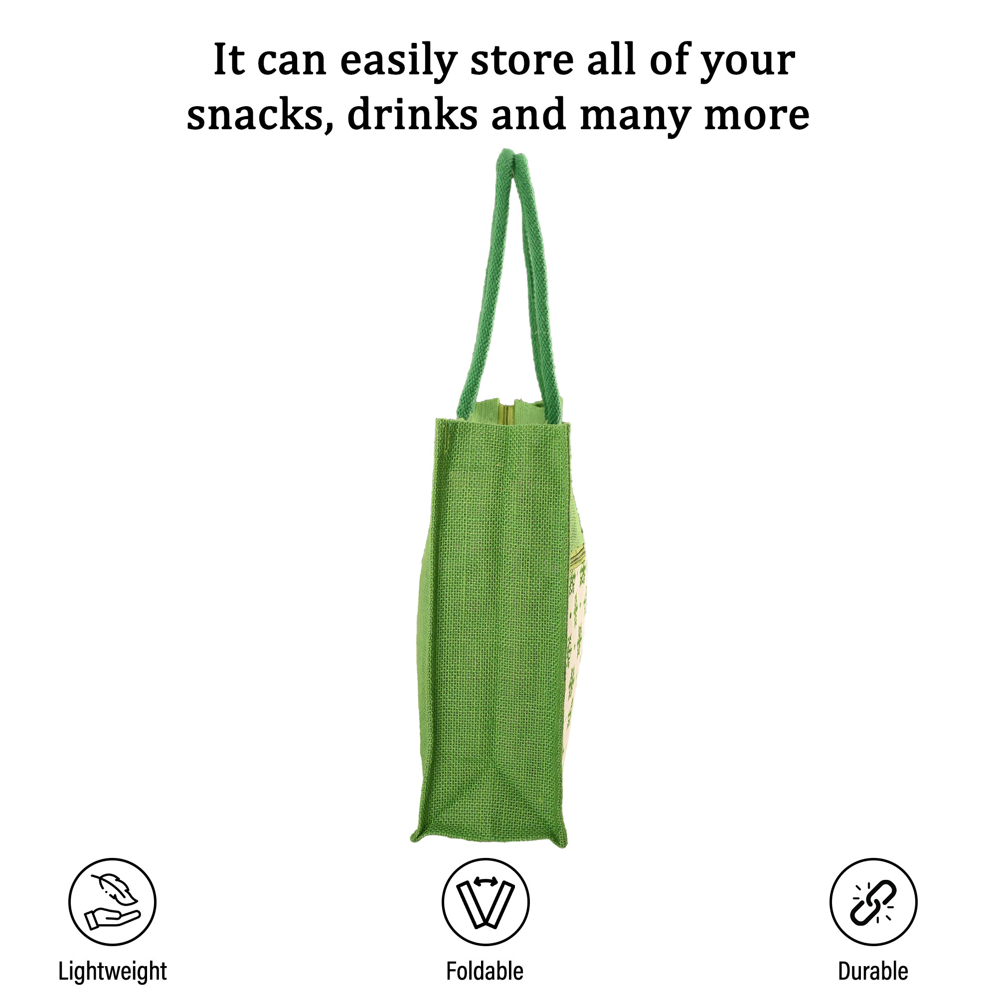 Kuber Industries Multi-purpose Jute Lunch Bags For Office MenWomen  Reusable Grocery Bag with Zip Compartments  Handle  Carry bag For Office Employees  Star Print - Green  White
