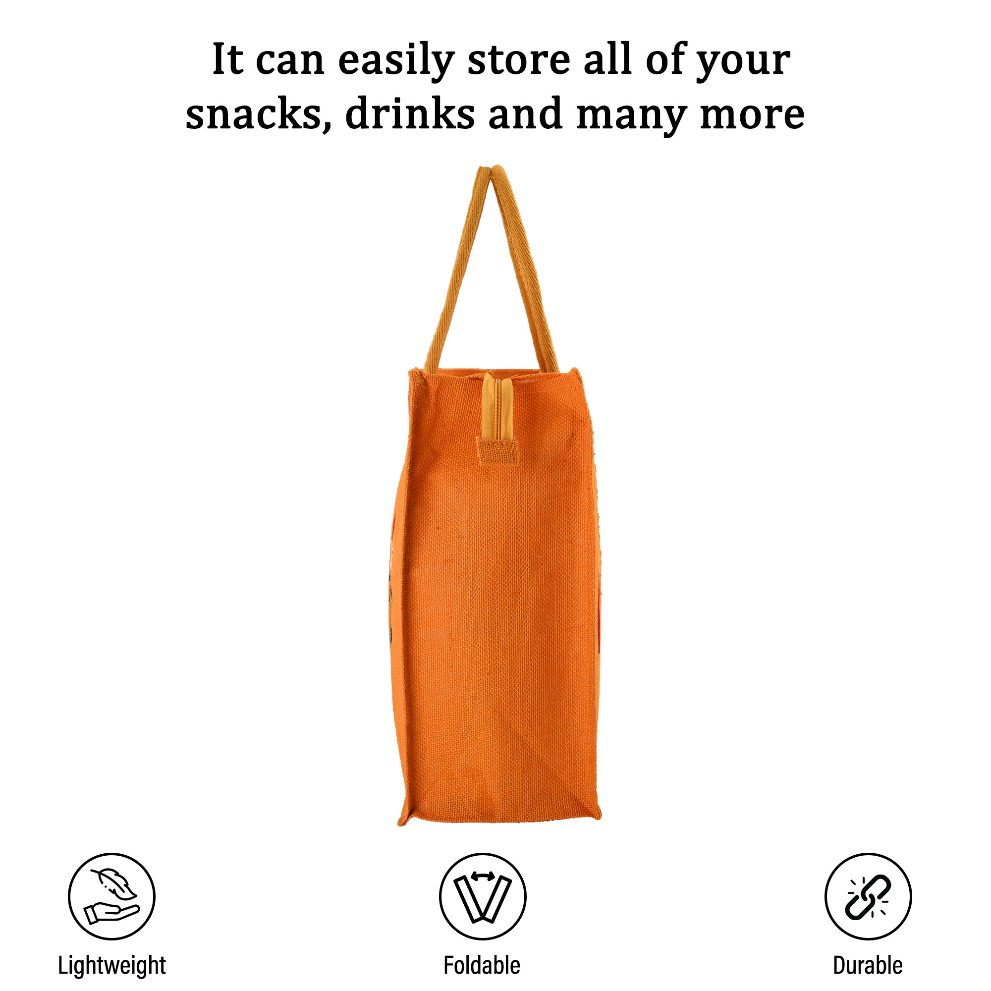 Kuber Industries Multi-purpose Jute Lunch Bags For Office MenWomen  Reusable Shopping Grocery Bag with Zip  Handle  Carry bag  Jhola for Adults  Birds Print - Orange
