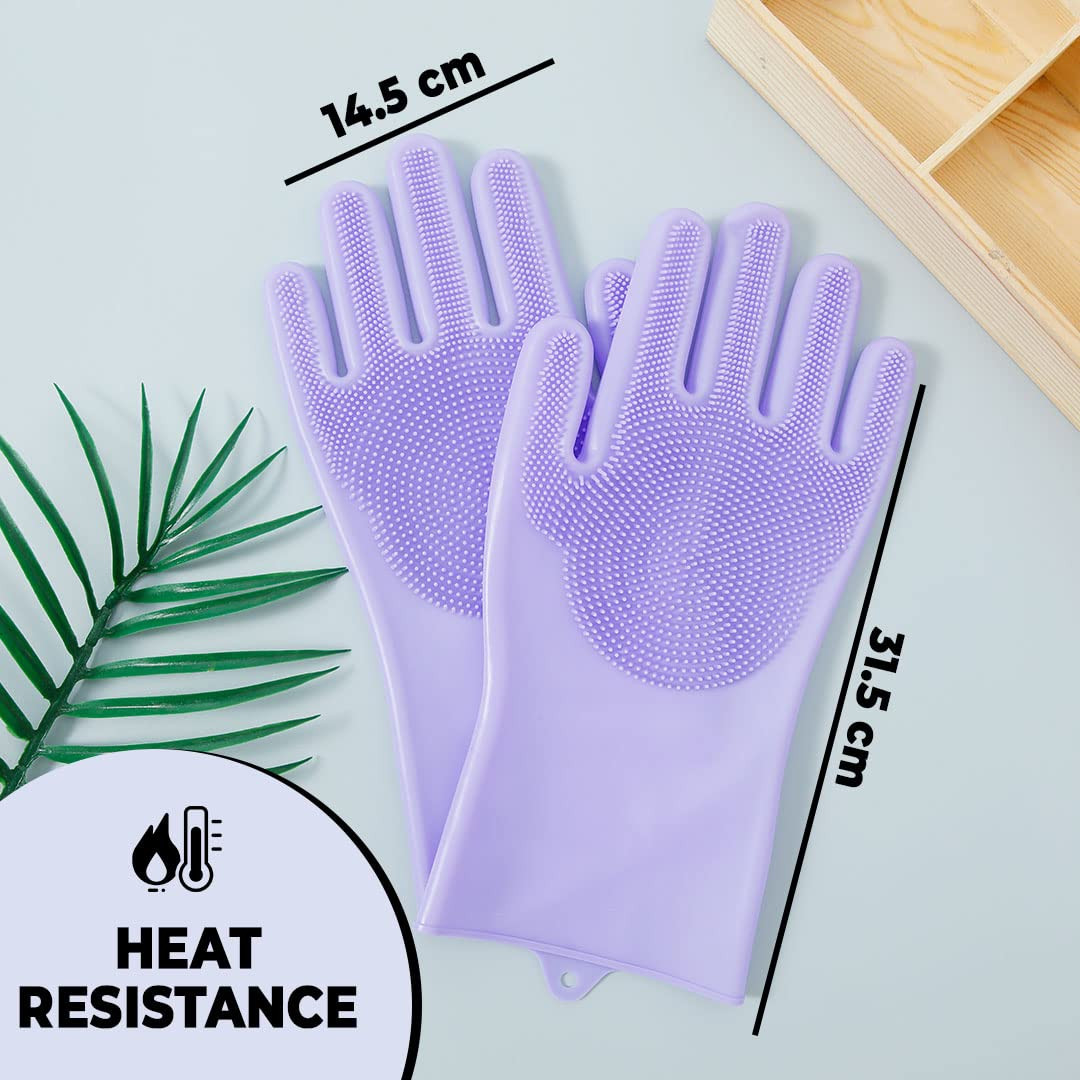 Kuber Industries Multi-Purpose Silicon Gloves For Kitchen Cleaning, Pet Grooming & Gardening|Reusable Gardening Gloves|Heat Resistant For Better Protection|Purple