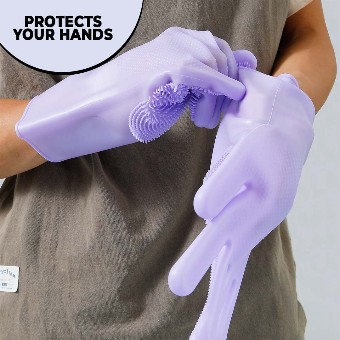 Kuber Industries Multi-Purpose Silicon Gloves For Kitchen Cleaning, Pet Grooming & Gardening|Reusable Gardening Gloves|Heat Resistant For Better Protection|Purple