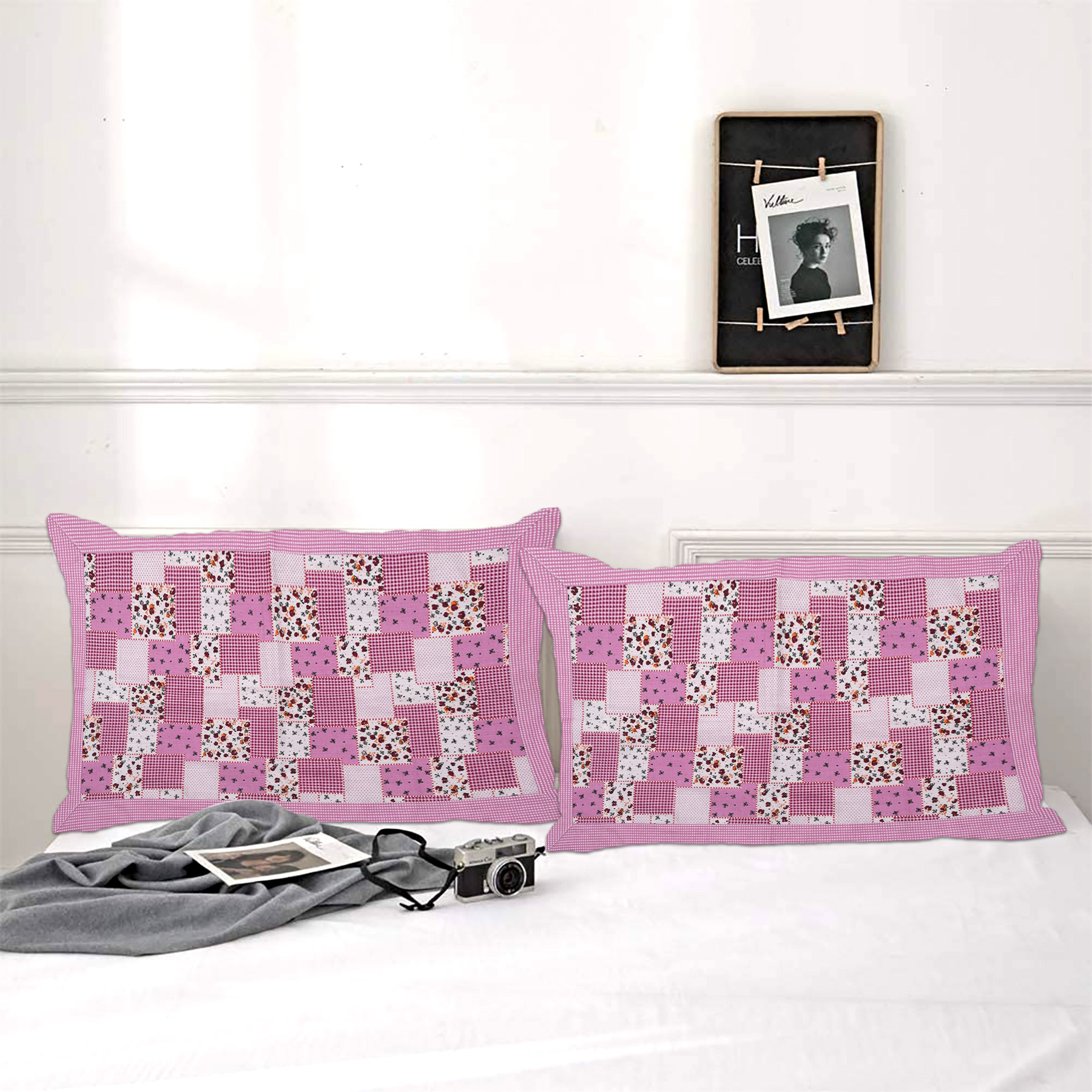 Kuber Industries Multicheck Floral Print Cotton Pillow Cover- 17x27 Inch,(Pink)