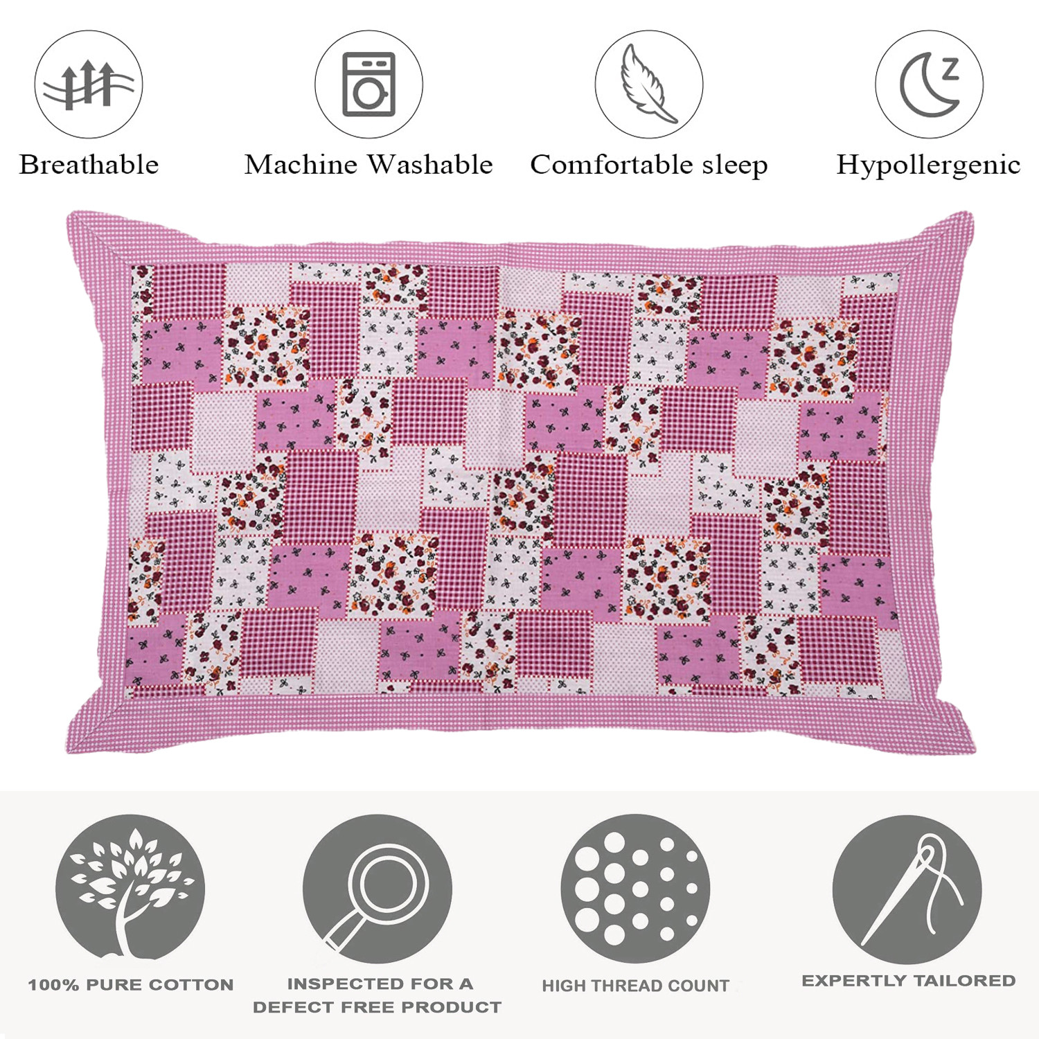 Kuber Industries Multicheck Floral Print Cotton Pillow Cover- 17x27 Inch,(Pink)