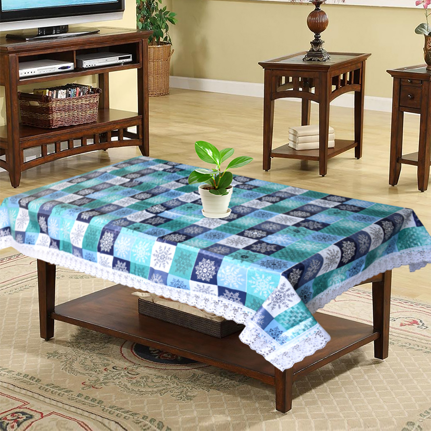 Kuber Industries Multicheck Printed PVC 4 Seater Center Table Cover, Protector With White Lace Border, 40