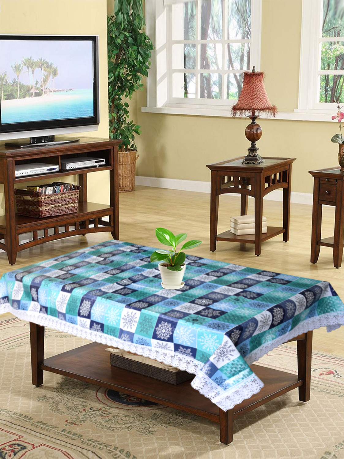 Kuber Industries Multicheck Printed PVC 4 Seater Center Table Cover, Protector With White Lace Border, 40