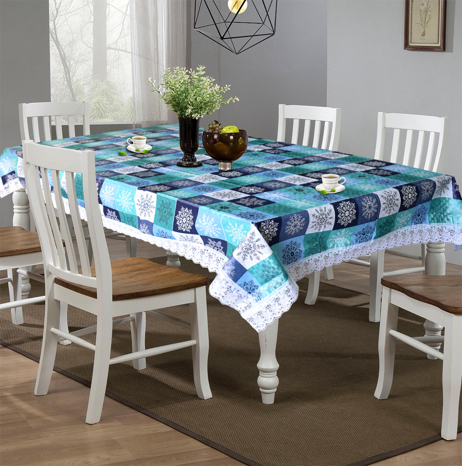 Kuber Industries Multicheck Printed PVC 6 Seater Dinning Table Cover, Protector With White Lace Border, 60