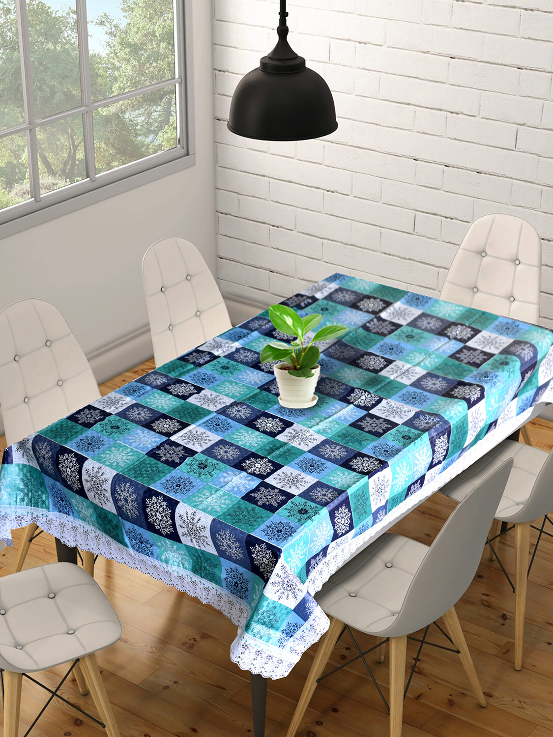 Kuber Industries Multicheck Printed PVC 6 Seater Dinning Table Cover, Protector With White Lace Border, 60