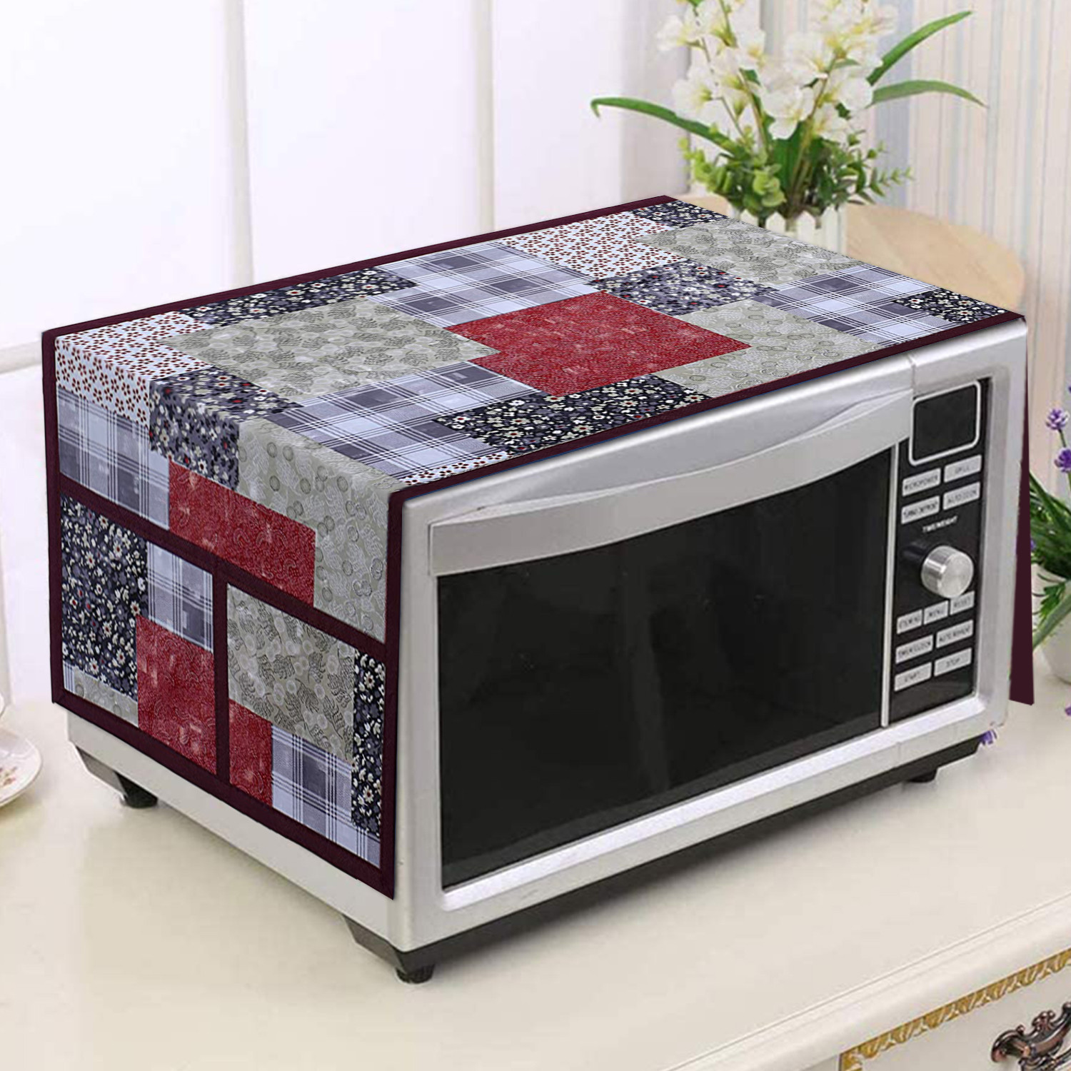 Kuber Industries Multicheck Printed PVC Decorative Microwave Oven Top Cover With 4 Utility Pockets (Multicolor)