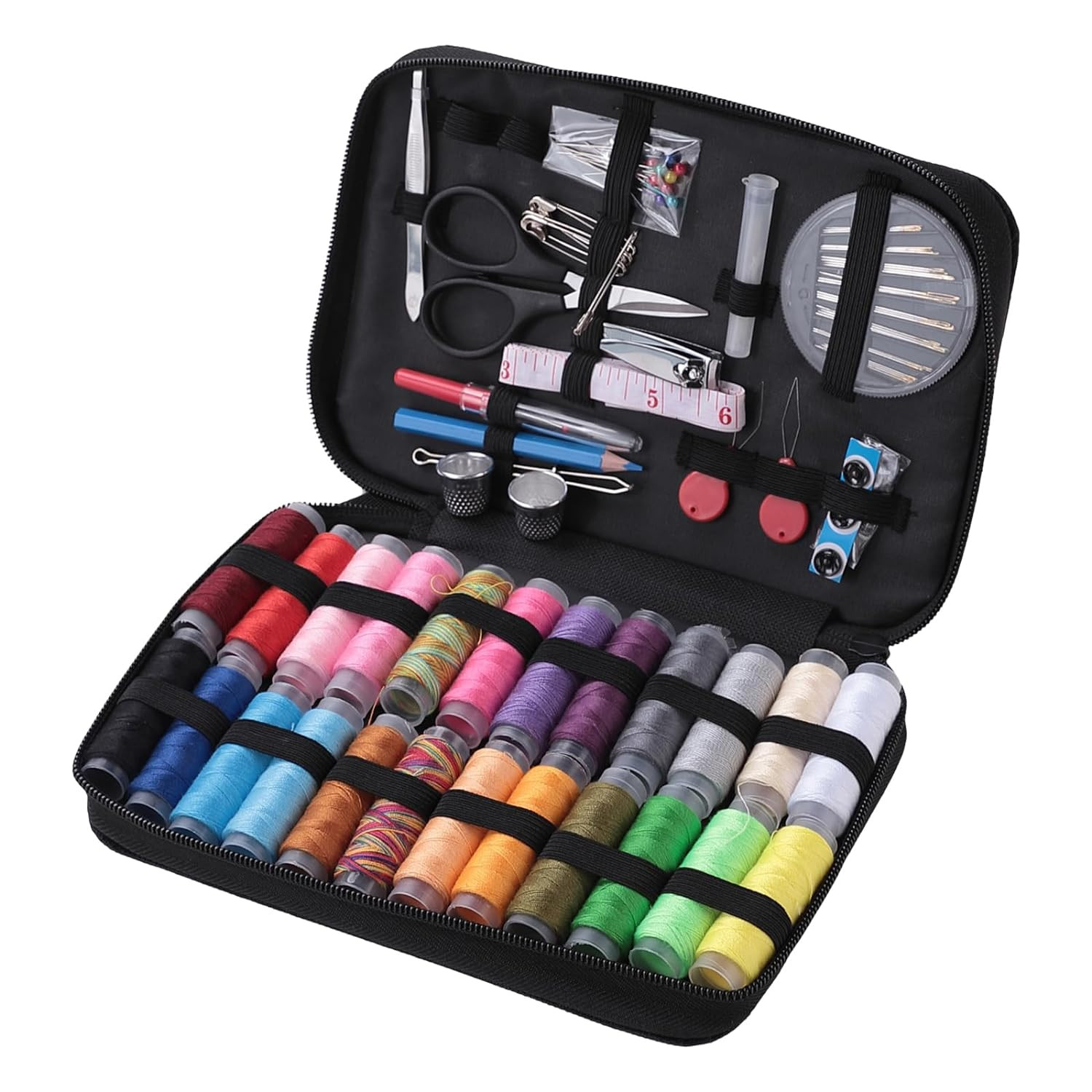 Kuber Industries Multifunctional Sewing Kit Set Of 97|Silai Machine Tools With Cotton & Polyester Thread|Steel Secissors & Needles (Black)