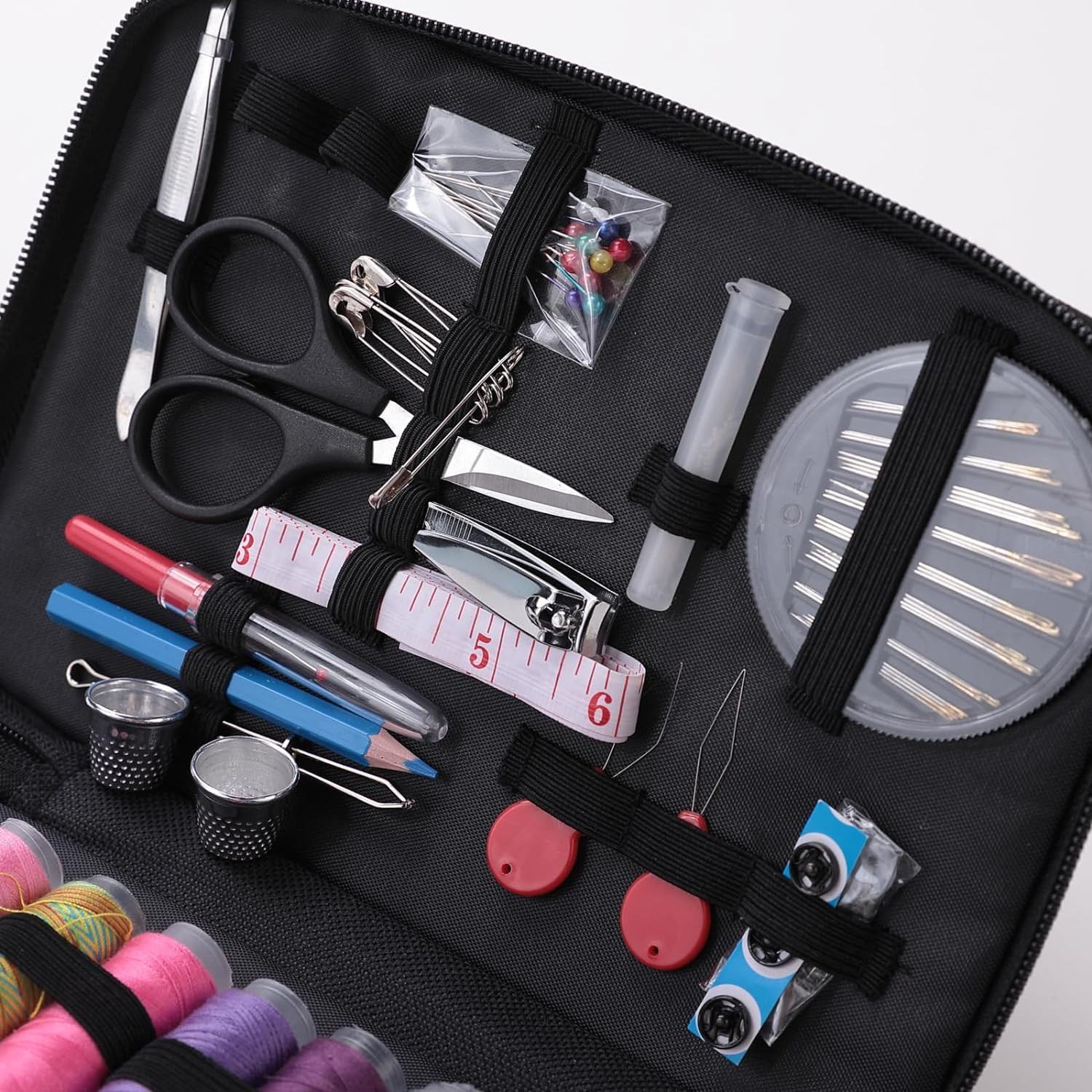 Kuber Industries Multifunctional Sewing Kit Set Of 97|Silai Machine Tools With Cotton & Polyester Thread|Steel Secissors & Needles (Black)