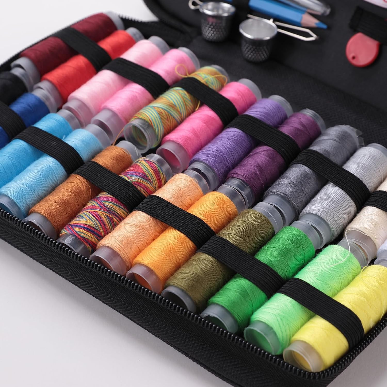 Kuber Industries Multifunctional Sewing Kit Set Of 97|Silai Machine Tools With Cotton & Polyester Thread|Steel Secissors & Needles (Black)