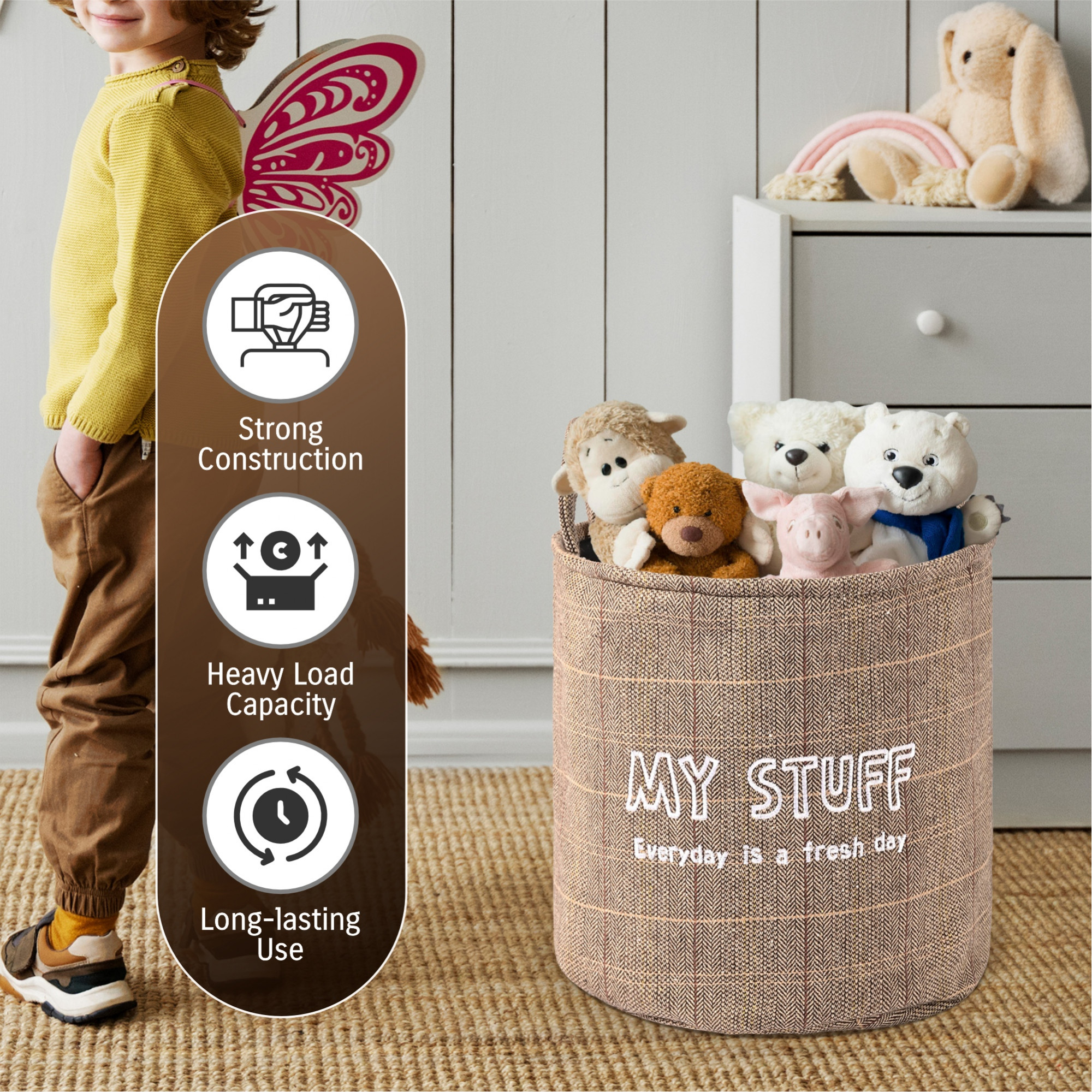 Kuber Industries Multipurpose 20 Ltr Foldable Almirah ClosetDrawer Storage Basket with Carry Handle for Cloth  Toys  Kids Toy Storage BasketBox OrganizerLaundry Hamper GM-24-KH  Khaki