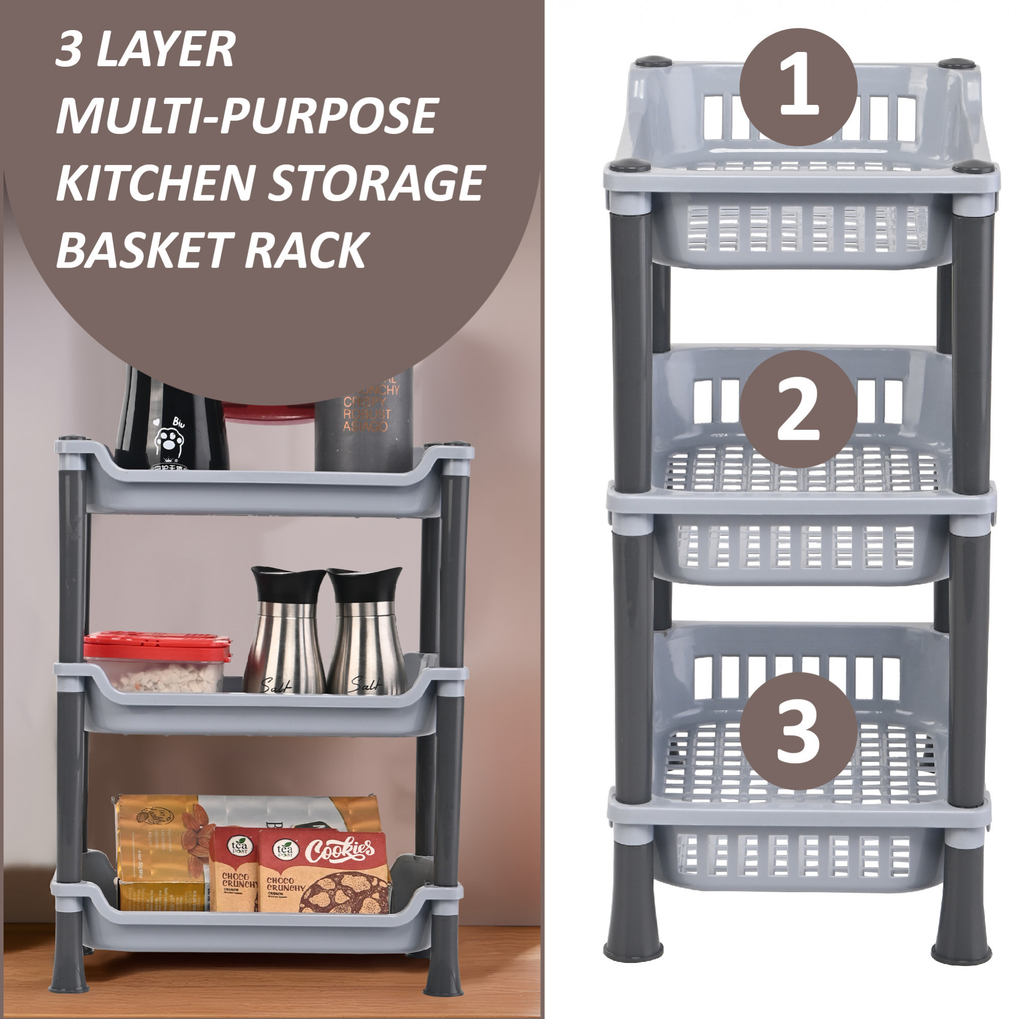 Kuber Industries Multipurpose 3-Tier Collapsible Plastic Racks for Kitchen Storage  Space-Saving Spice Rack Organizer - Kitchen Accessories for Pantry Oil Stand  Countertop  Light Grey