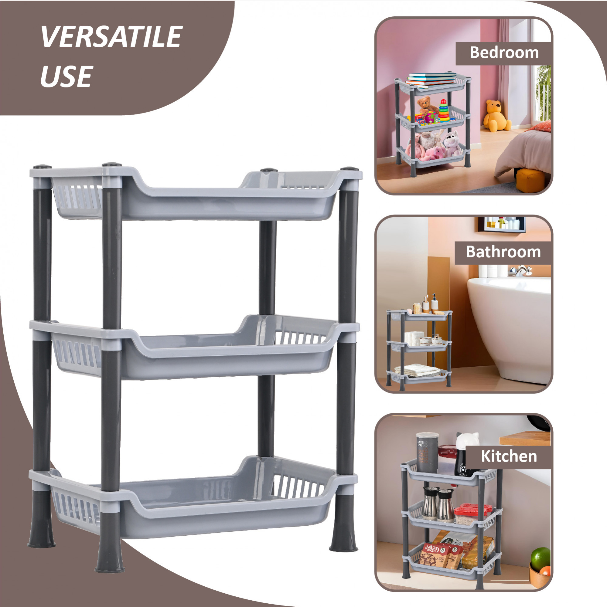 Kuber Industries Multipurpose 3-Tier Collapsible Plastic Racks for Kitchen Storage  Space-Saving Spice Rack Organizer - Kitchen Accessories for Pantry Oil Stand  Countertop  Light Grey