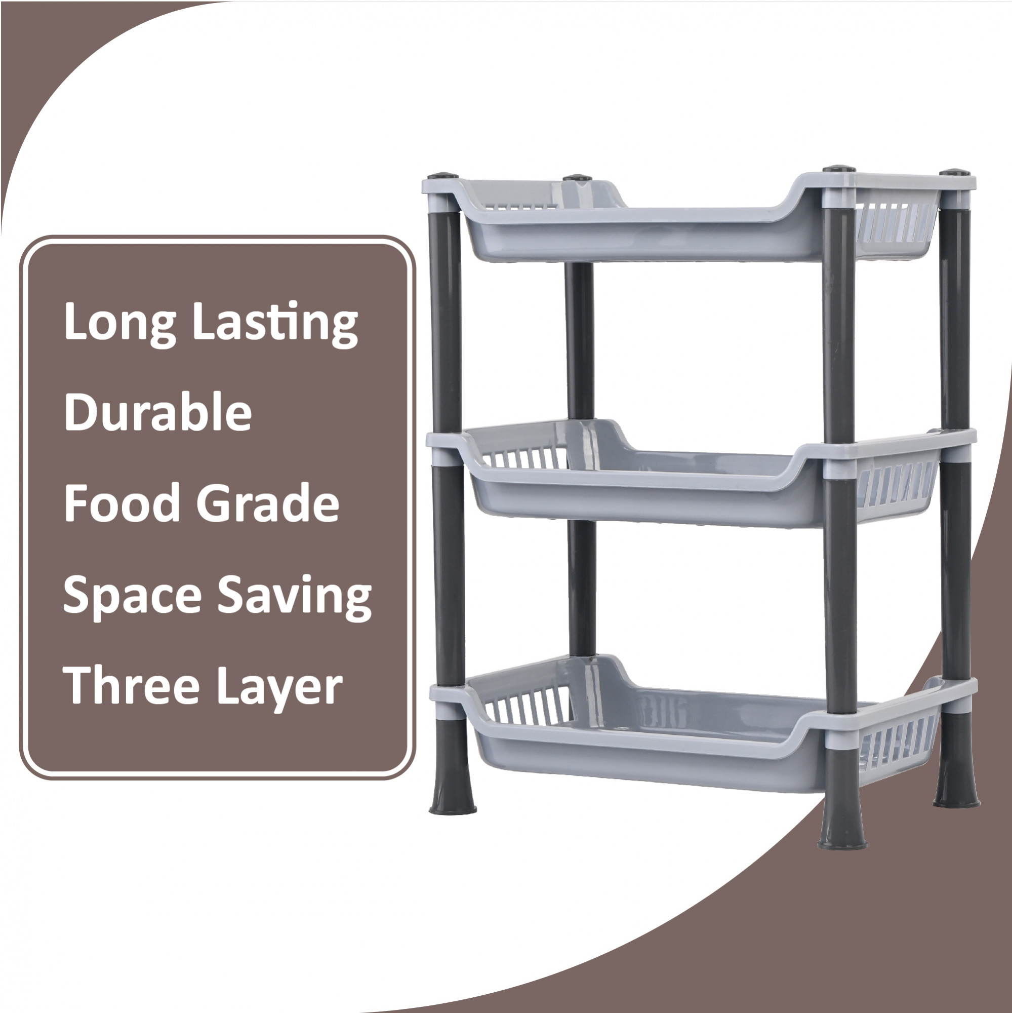 Kuber Industries Multipurpose 3-Tier Collapsible Plastic Racks for Kitchen Storage  Space-Saving Spice Rack Organizer - Kitchen Accessories for Pantry Oil Stand  Countertop  Light Grey