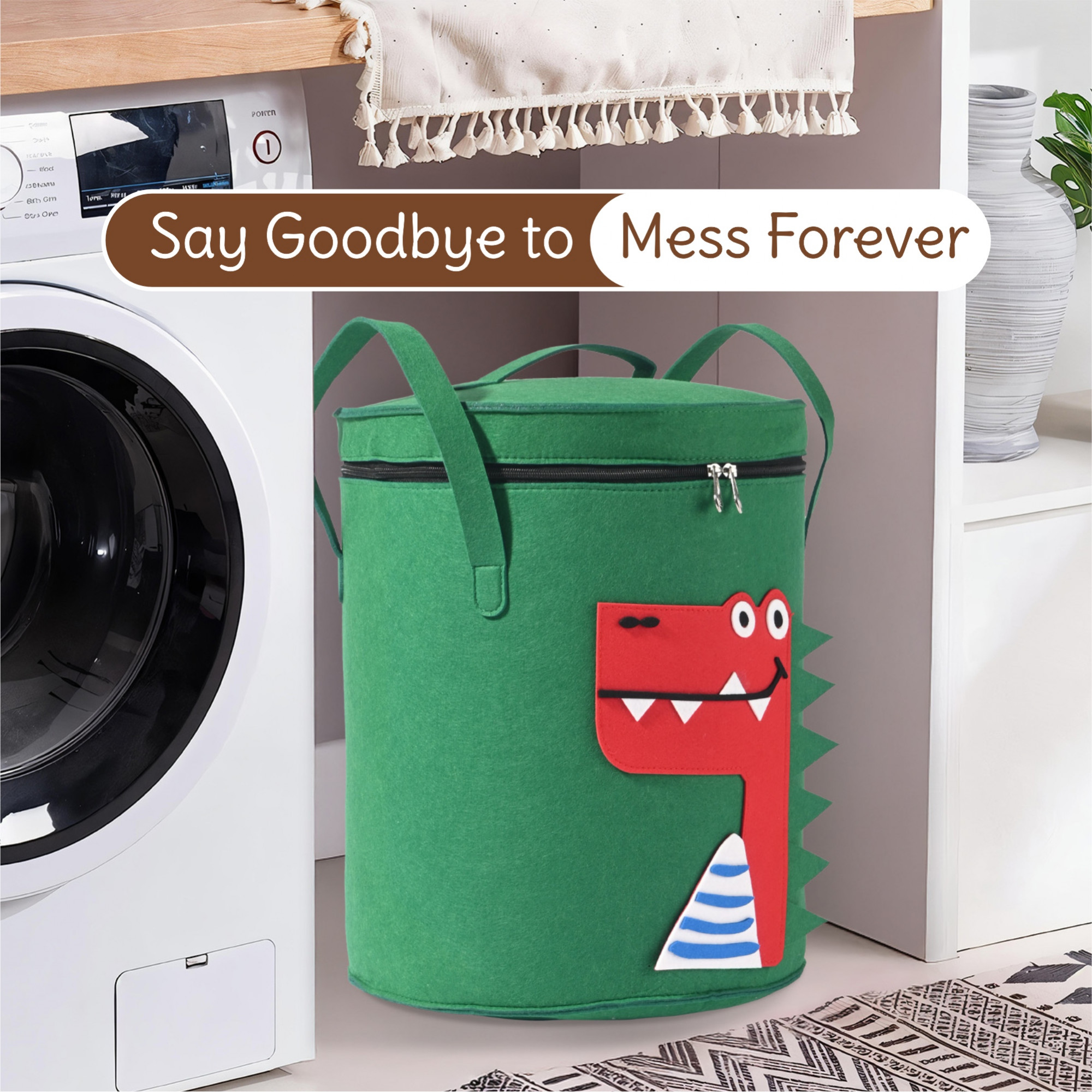 Kuber Industries Multipurpose 34L Foldable Washing Clothes BasketLaundry Bag with Carry Handles  Laundry Hamper for Dirty Clothes  Toy Storage Organizer  GM-5-GRN  Green Dinosaur