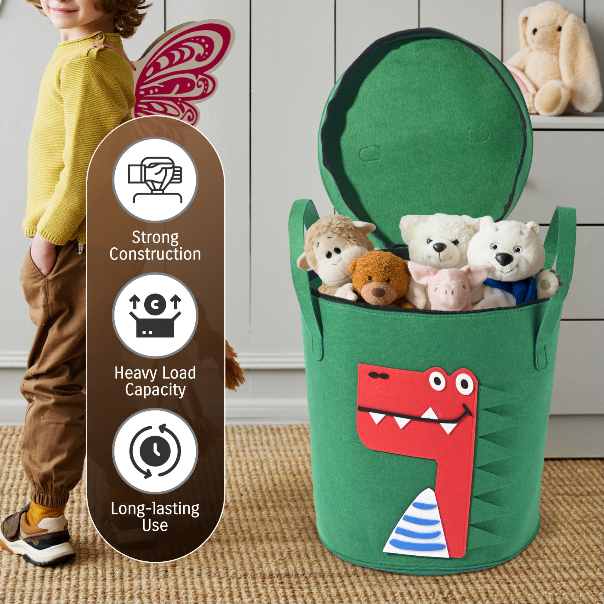 Kuber Industries Multipurpose 34L Foldable Washing Clothes BasketLaundry Bag with Carry Handles  Laundry Hamper for Dirty Clothes  Toy Storage Organizer  GM-5-GRN  Green Dinosaur