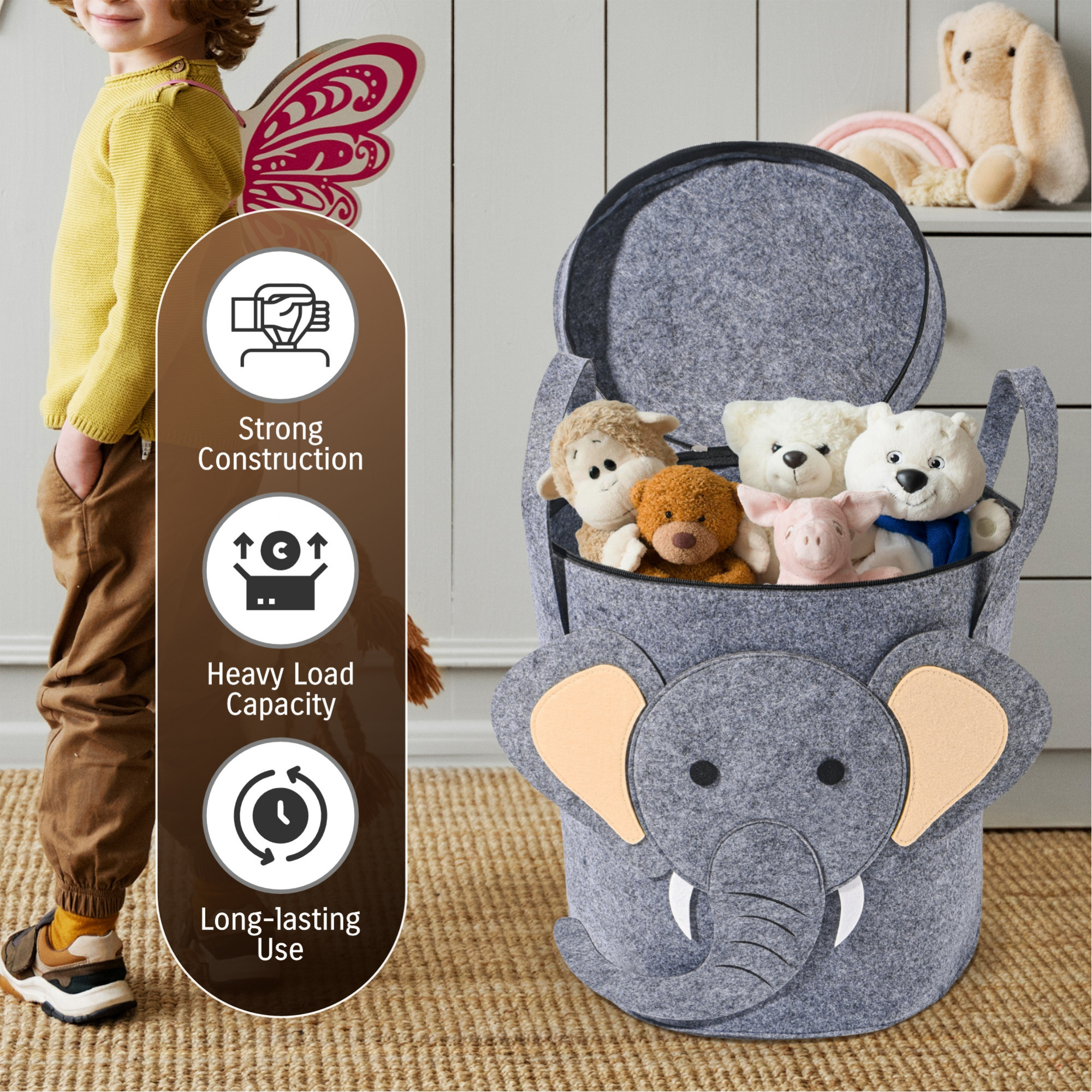 Kuber Industries Multipurpose 34L Foldable Washing Clothes BasketLaundry Bag with Carry Handles  Laundry Hamper for Dirty Clothes  Toy Storage Organizer  GM-5-GRY  Grey Elephant