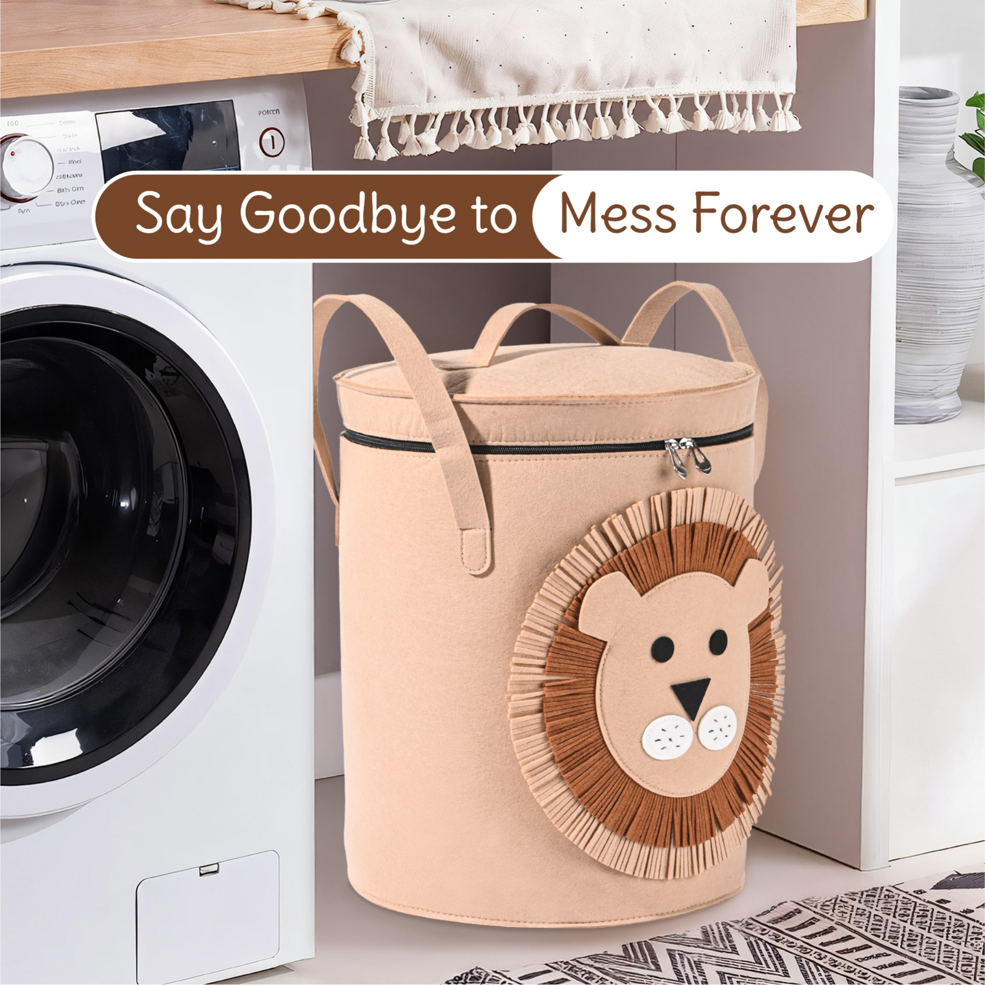 Kuber Industries Multipurpose 34L Foldable Washing Clothes BasketLaundry Bag with Carry Handles  Laundry Hamper for Dirty Clothes  Toy Storage Organizer  GM-5-BRN  Brown Lion