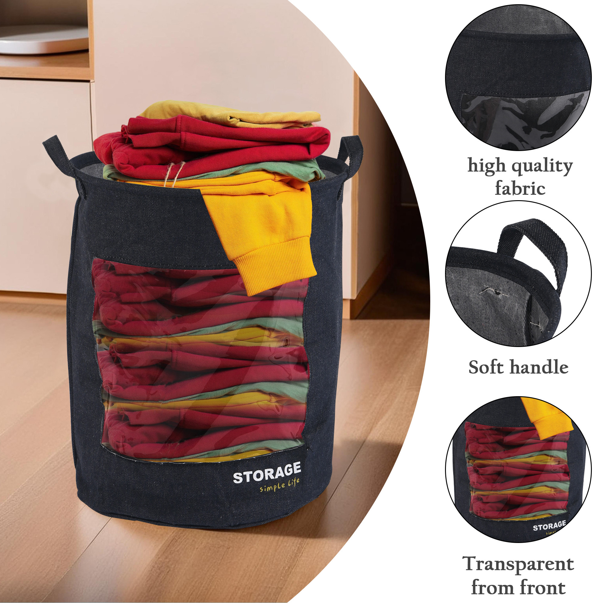 Kuber Industries Multipurpose 36 Ltr Foldable Washing Clothes BasketLaundry Bag with Carry Handles  Laundry Hamper for Dirty Clothes  Toy Storage Organizer  GM-27-DDENI  Dark Denim