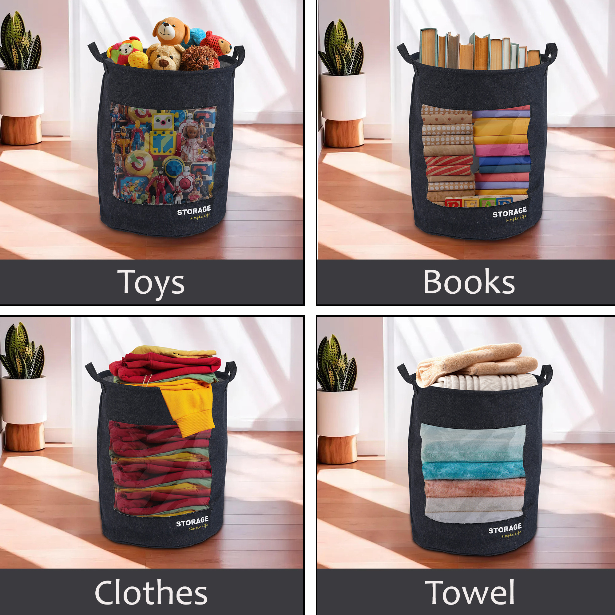 Kuber Industries Multipurpose 36 Ltr Foldable Washing Clothes BasketLaundry Bag with Carry Handles  Laundry Hamper for Dirty Clothes  Toy Storage Organizer  GM-27-DDENI  Dark Denim