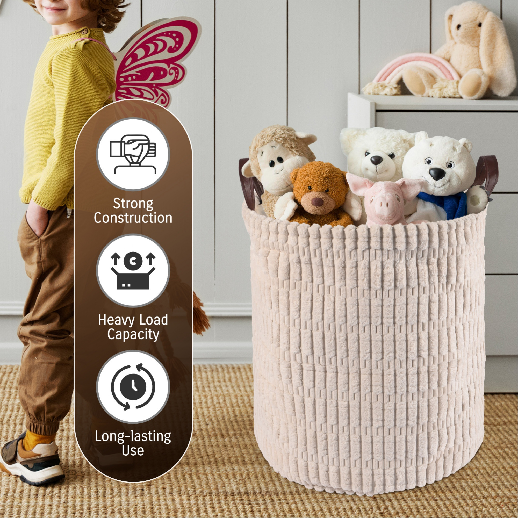 Kuber Industries Multipurpose 40 Ltr Foldable Washing Clothes BasketLaundry Bag with Carry Handles  Laundry Hamper for Dirty Clothes  Toy Storage Organizer  GM-16-WHH  White