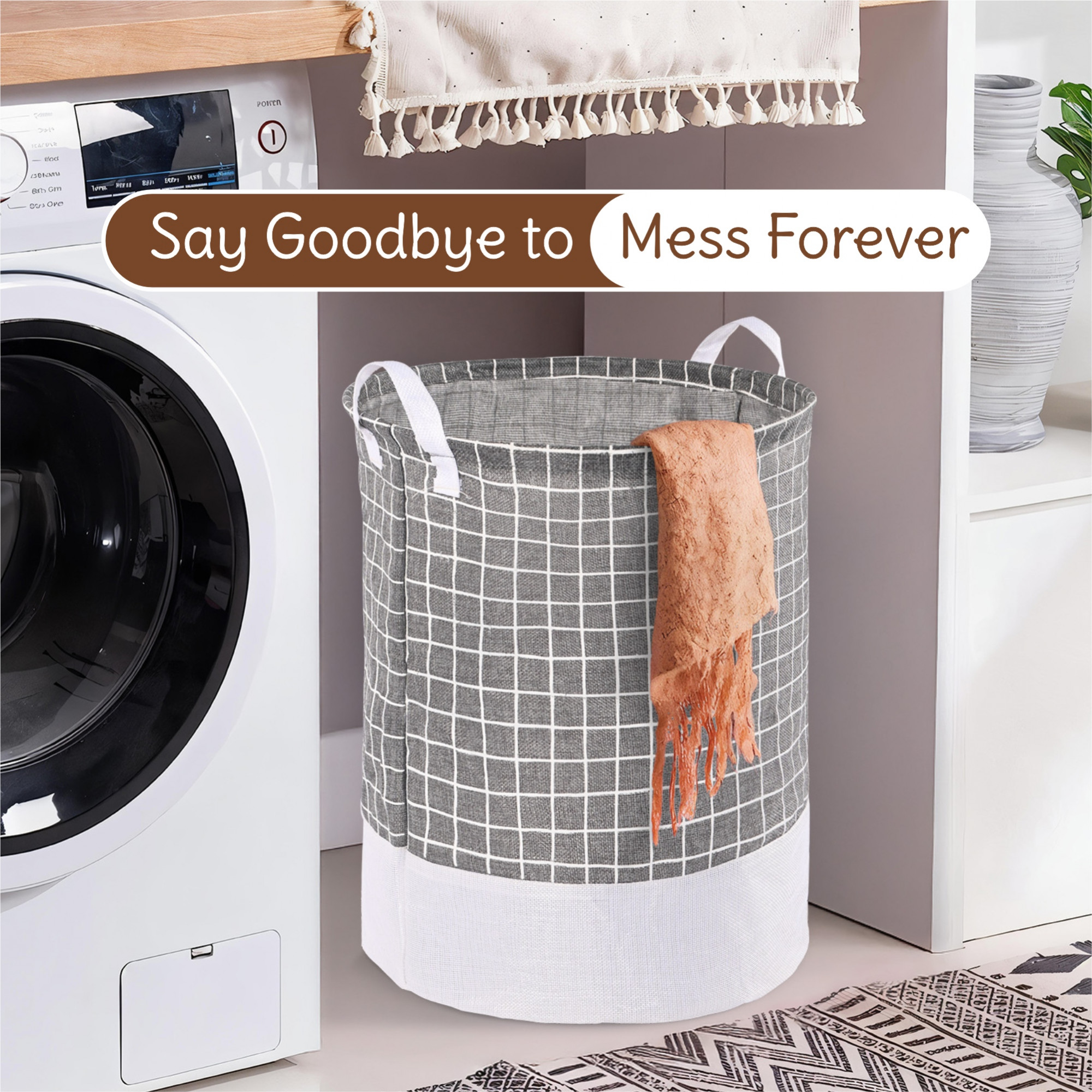 Kuber Industries Multipurpose 43 Ltr Foldable Washing Clothes BasketLaundry Bag with Handles  Laundry Hamper for Dirty Clothes  Toy Storage Organizer  GM-1-GRYPD  Grey Plaid