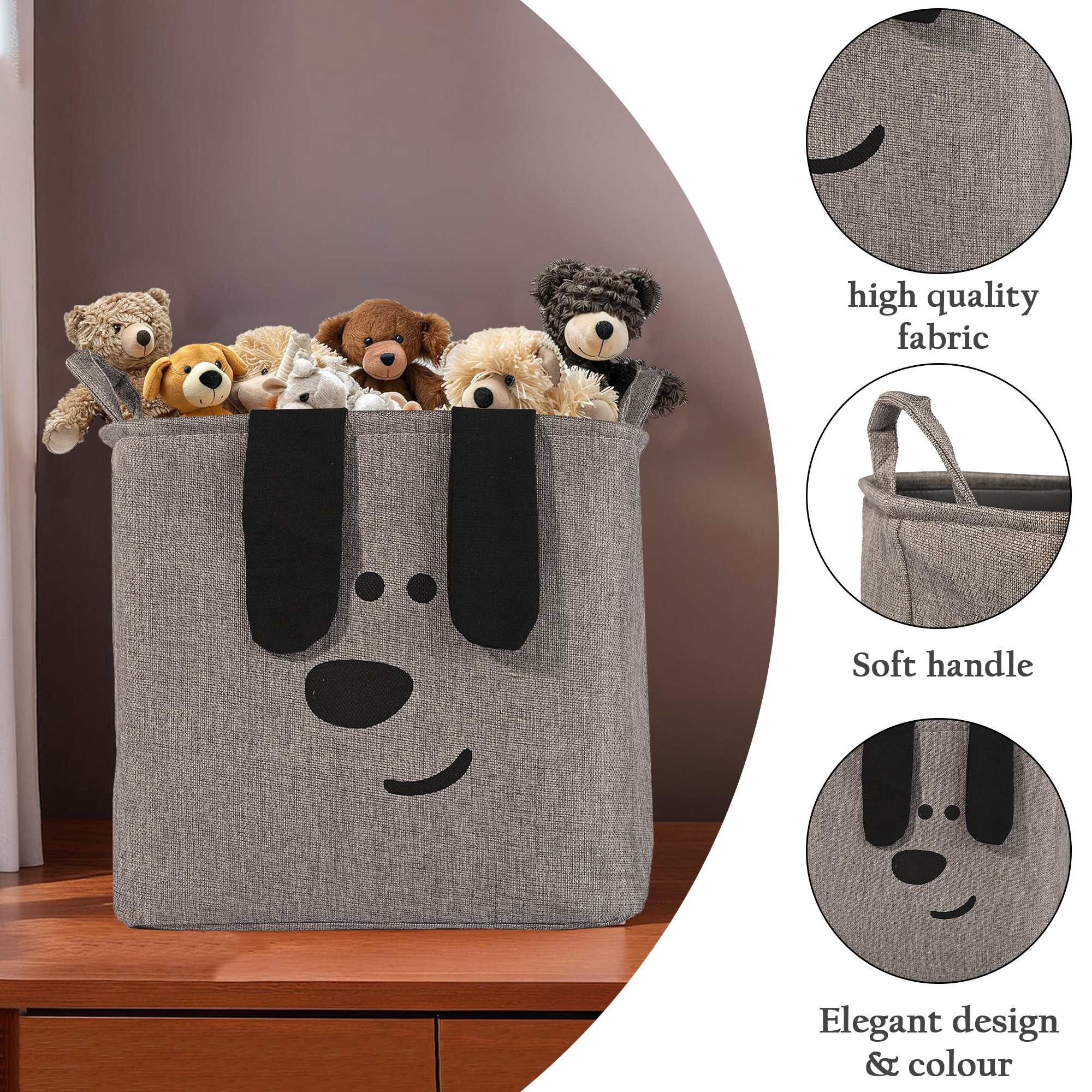 Kuber Industries Multipurpose Foldable Almirah ClosetDrawer Storage Basket with Carry Handles for Cloth  Toys  Kids Toy Storage BasketBox OrganizerLaundry Bag  GM-7-GRY  Smiley - Grey